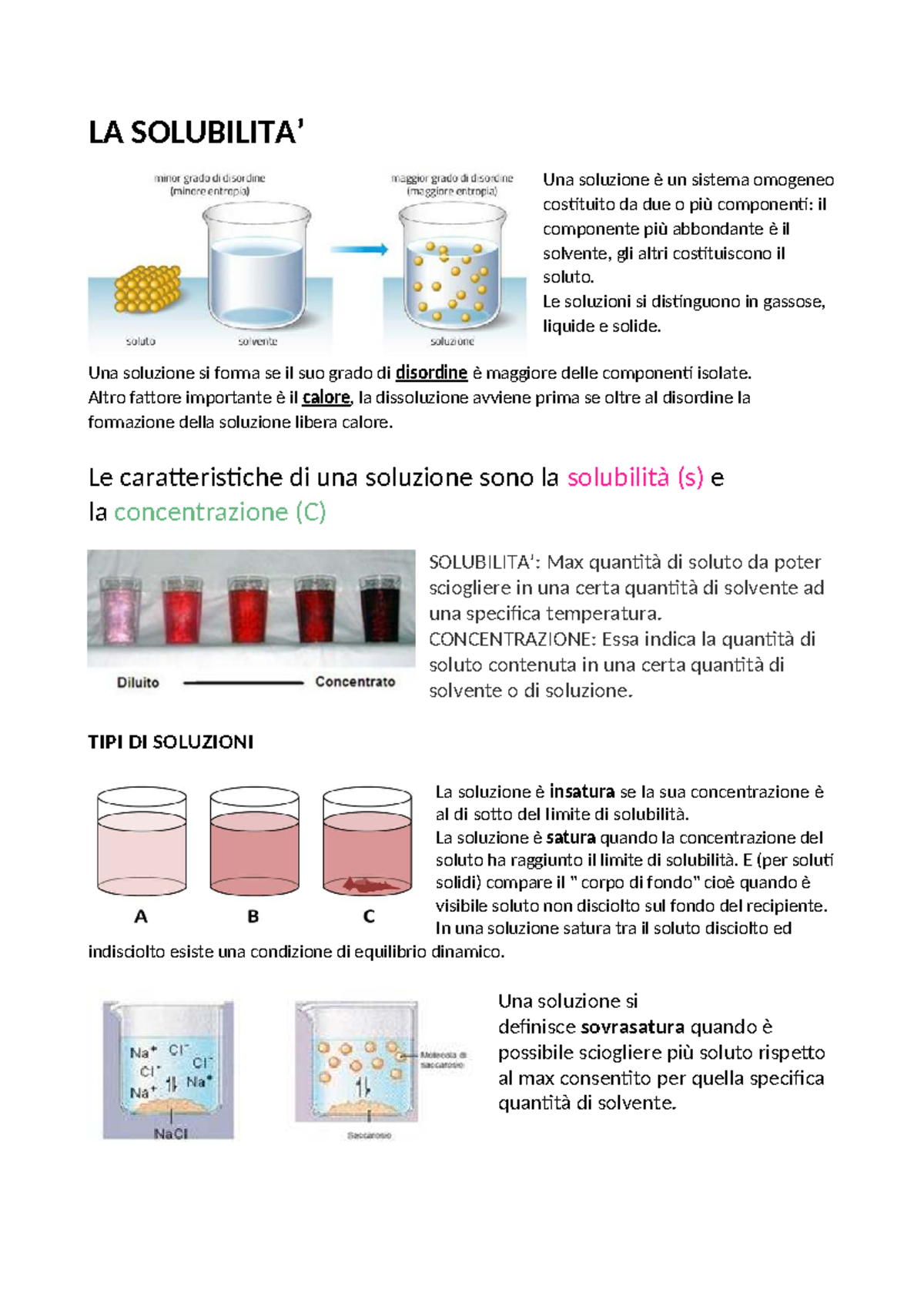 LE Soluzioni - Appunti di chimica per liceo o università - LA SOLUBILITA'  ####### Una soluzione è un