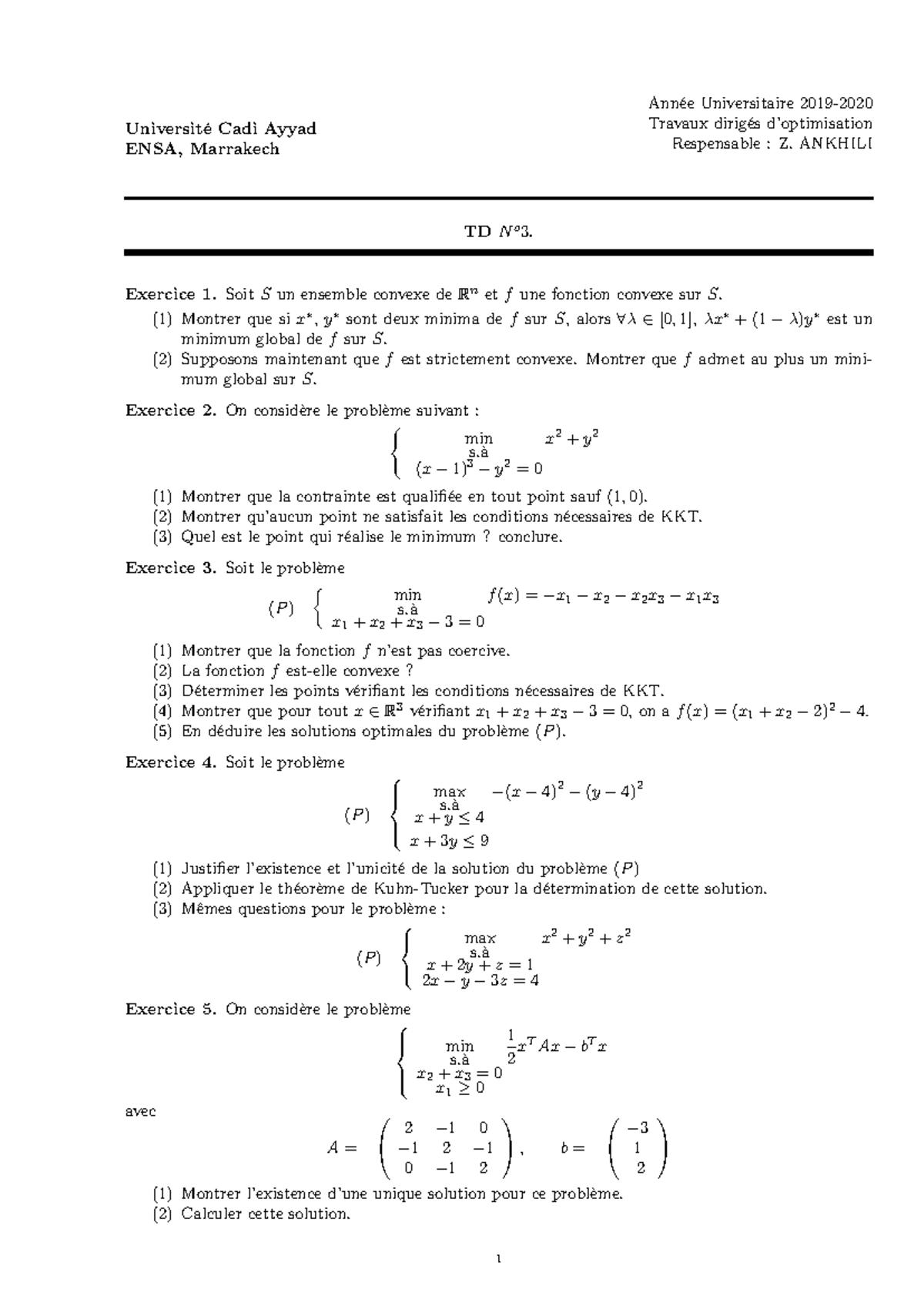TD3 OPT 19 20 - Notes sur Cours et Exercices d'Optimisation - Studocu