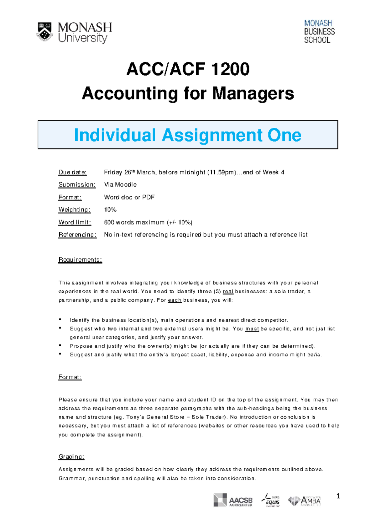 ACC ACF1200 Individual Assignment One - 1 ACC/ACF 1200 Accounting for ...
