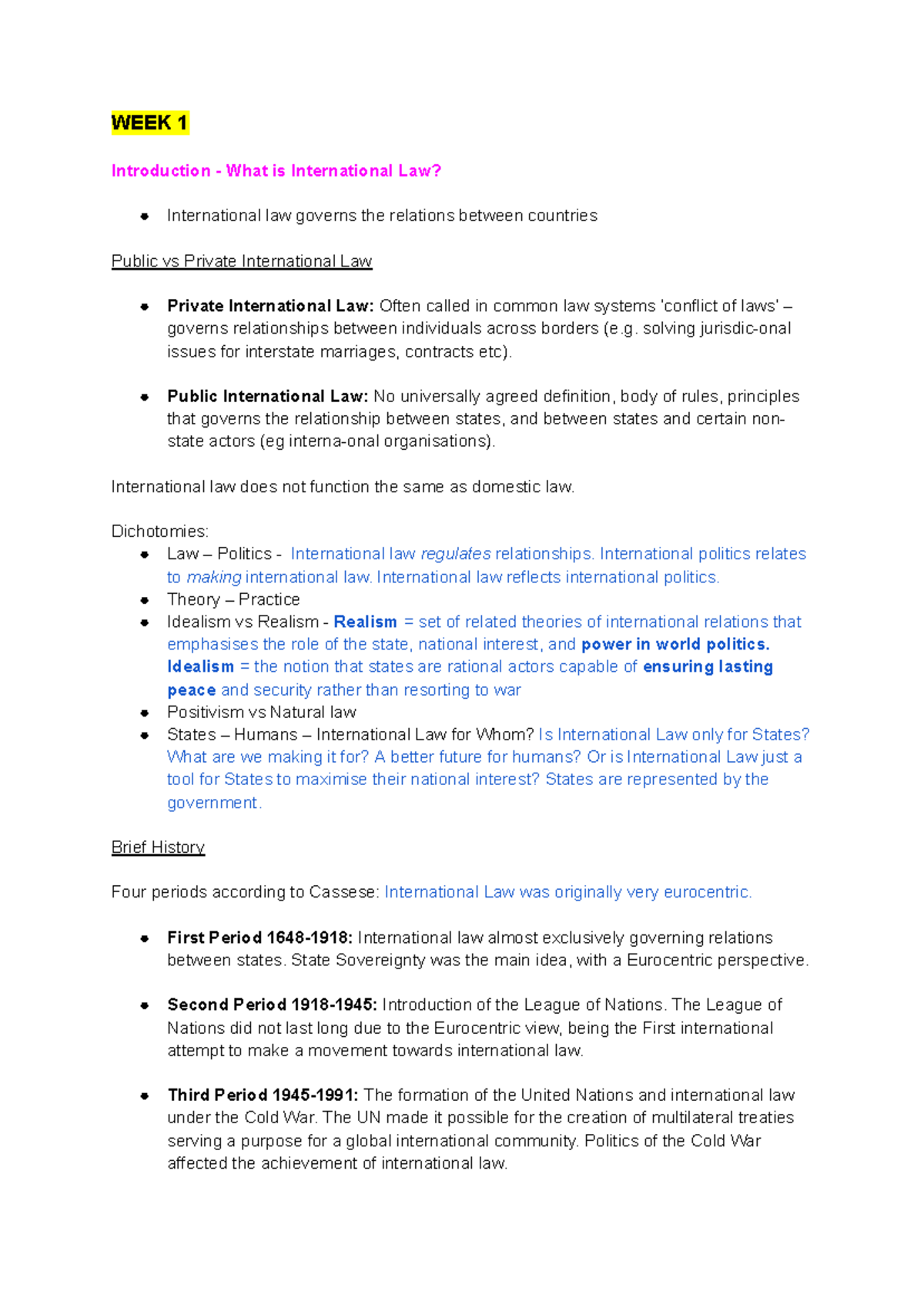 2000 Lecture Notes - International Law Overview: WEEKS 1 - 5 Summary ...