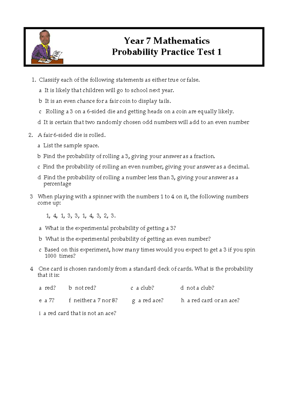 Year 7 Mathematics Probability Practice Test 1 - Concepts & Questions ...