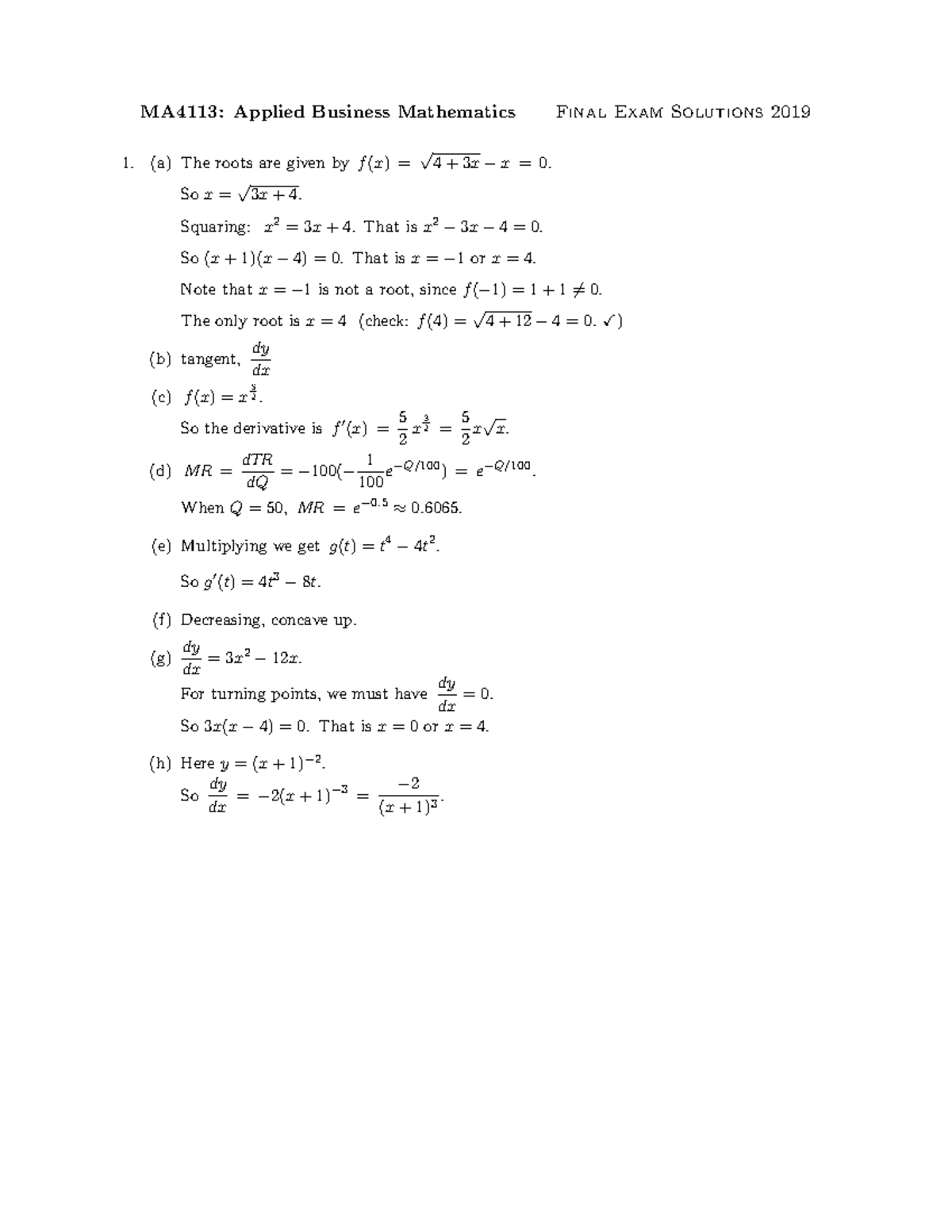 MA4113 Final Exam Solutions with Detailed Explanations 2019 - Studocu
