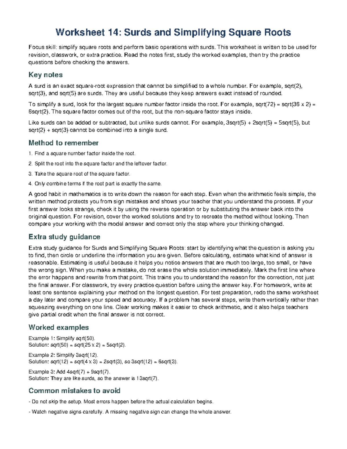 Worksheet 14: Surds & Simplifying Square Roots Revision Guide - Studocu