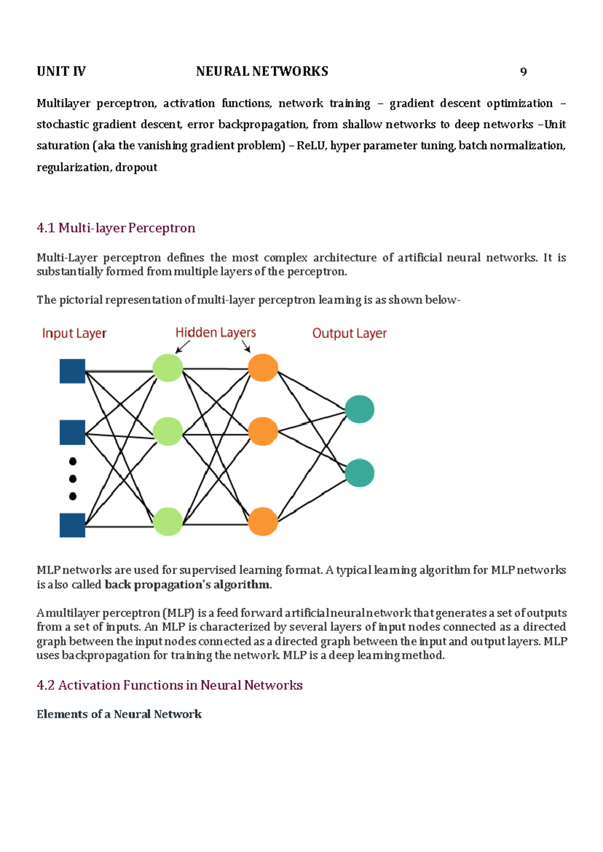 Unit IV: Neural Networks - MLP, Activation Functions & Training ...