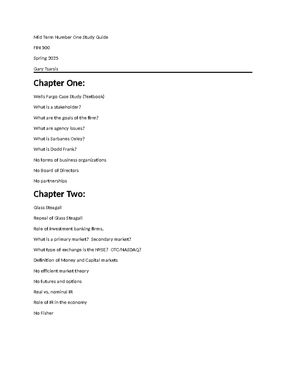 Midterm Study Guide for FIN 300: Key Concepts for Spring 2025 - Studocu