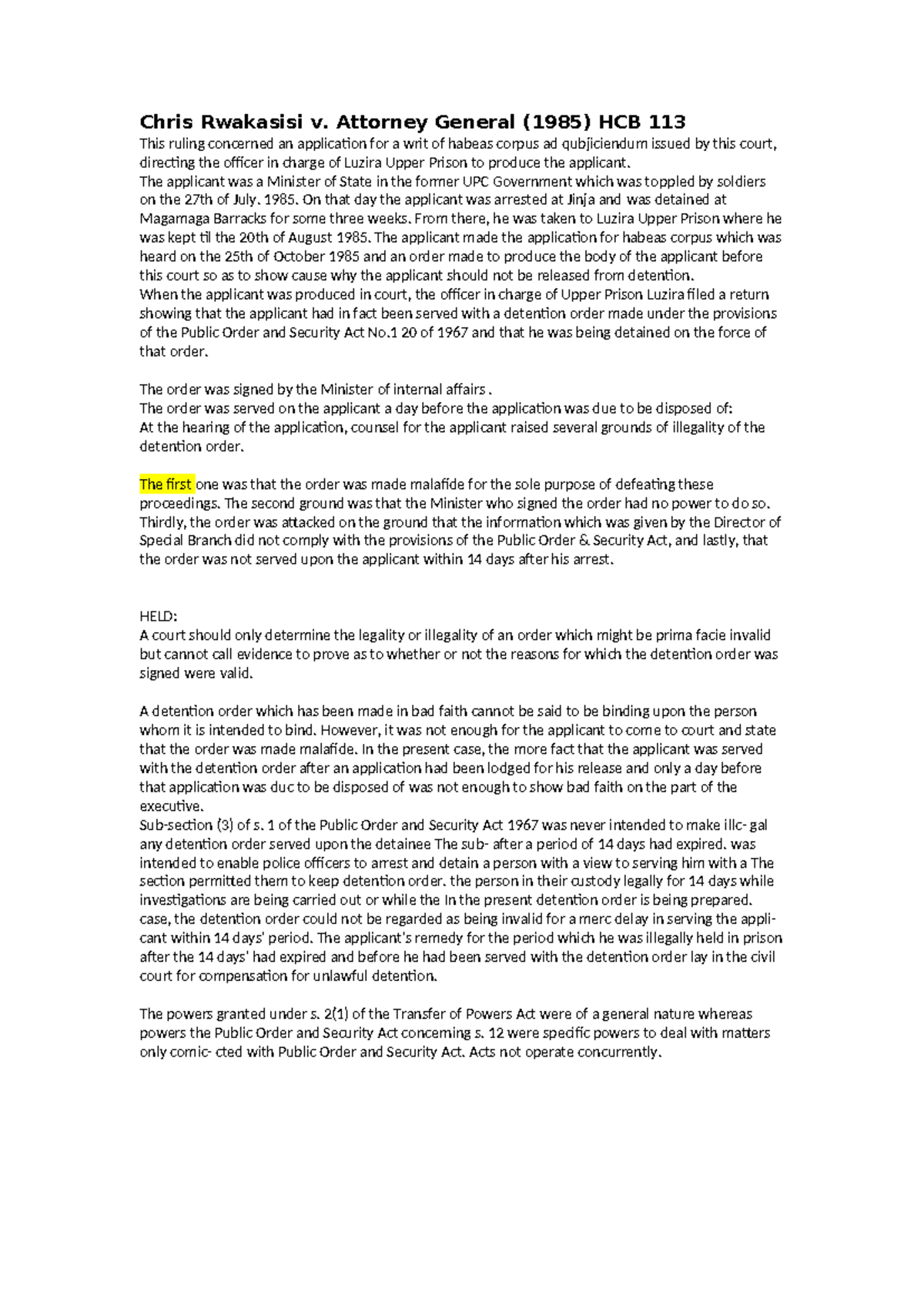Rwakasisi v. Attorney General (1985) - Habeas Corpus Ruling Analysis ...