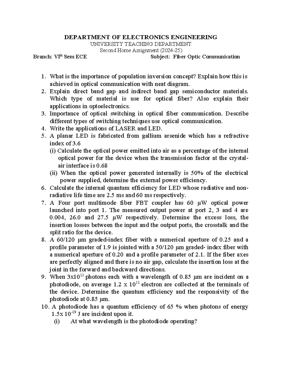 FOC Assignment 2024-25: Key Concepts in Fiber Optic Communication - Studocu