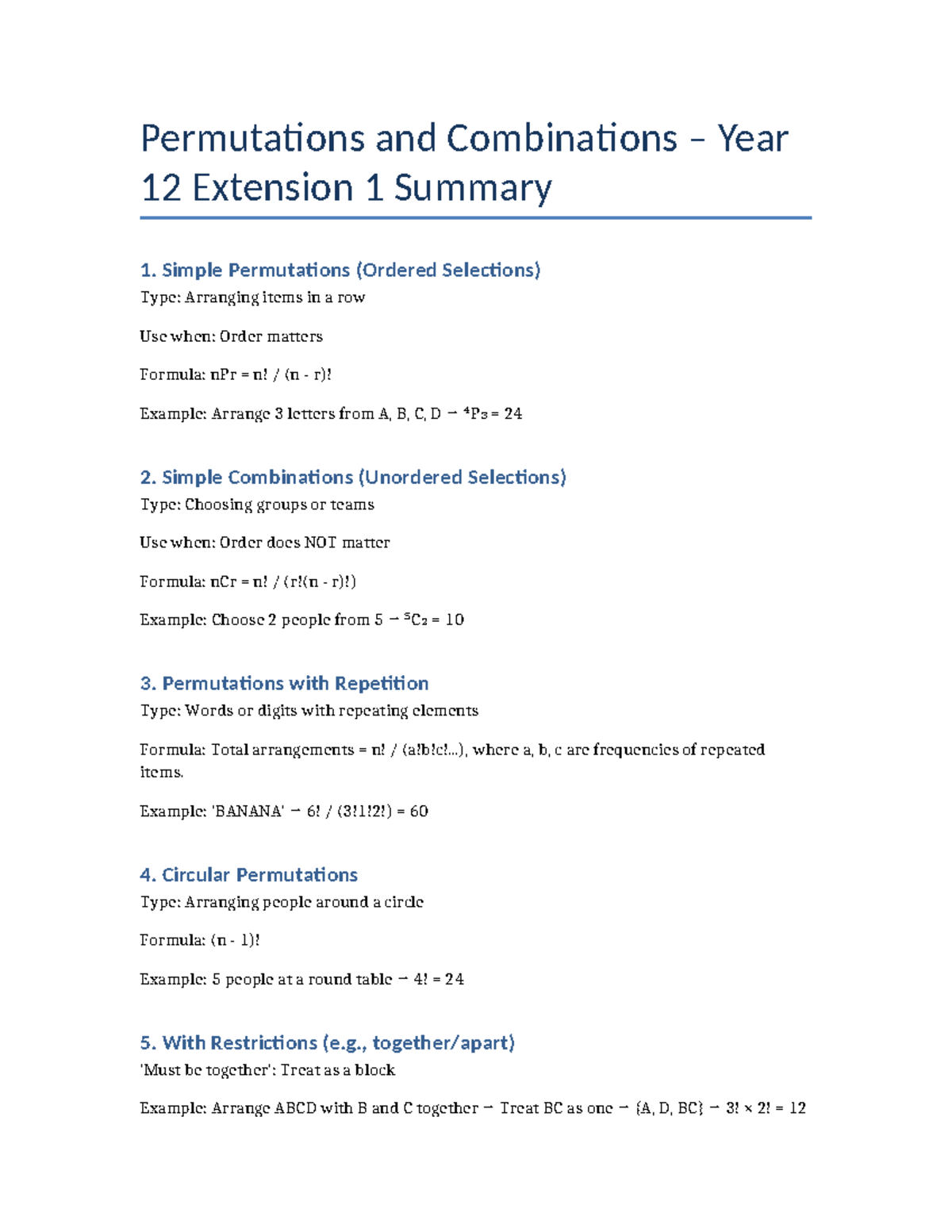 Permutations & Combinations Theory Summary Y12 Extension 1 - Studocu