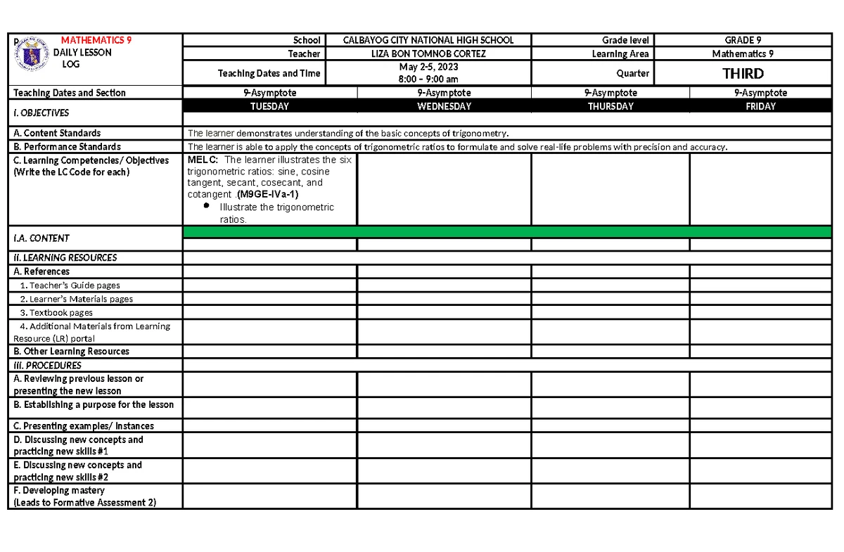 Math 9 Daily Lesson Log: Trigonometry & Law of Sines (June 13-16, 2023 ...