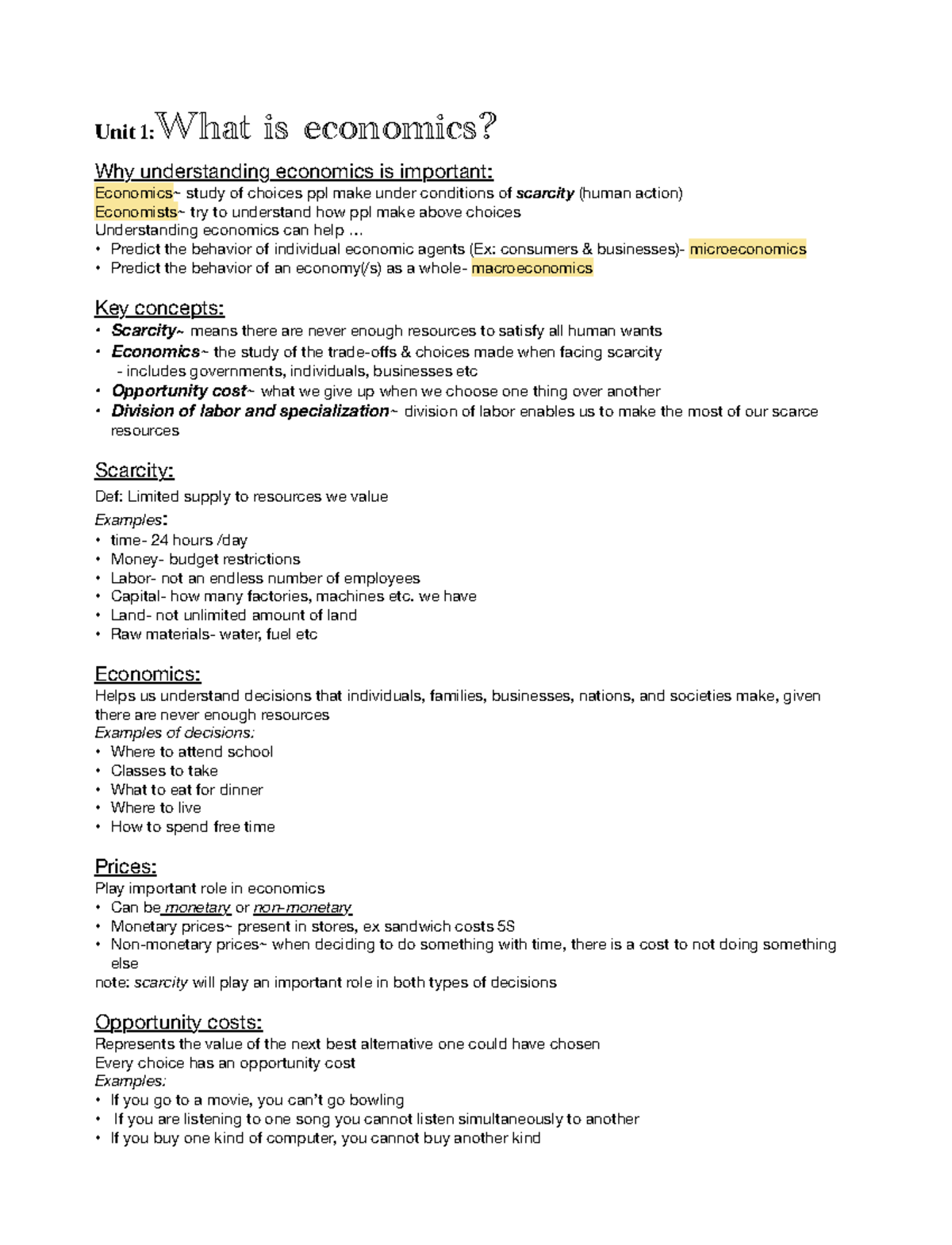 Unit 1: Understanding Economics - Lecture Notes on Concepts - Studocu