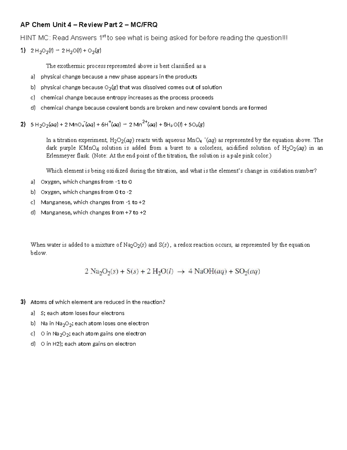 AP Chem Unit 4 Review Part 2: Key Concepts and Practice Questions - Studocu