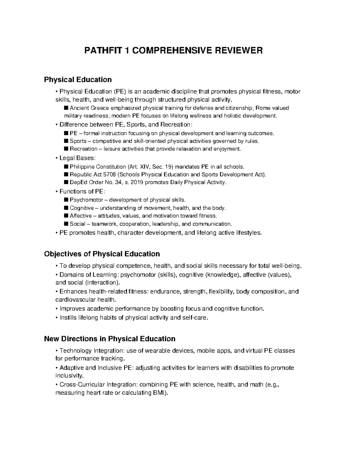 PATHFIT 1 COMPREHENSIVE REVIEWER: Physical Education Essentials - Studocu