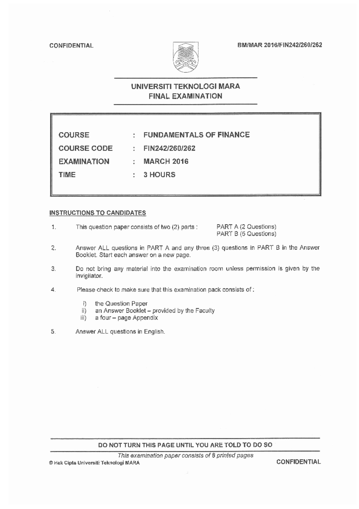 FIN242 260 262 - PAST YEAR QUESTION - Fundamentals of Finance - UiTM ...