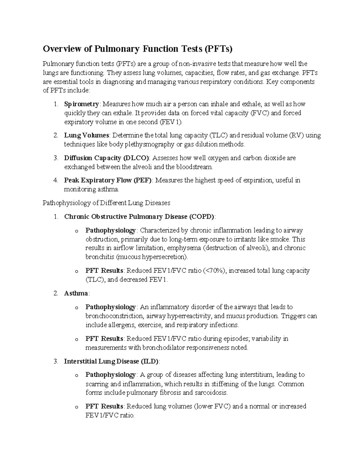 PFT Overview: Key Tests & Pathophysiology of Lung Diseases - Studocu