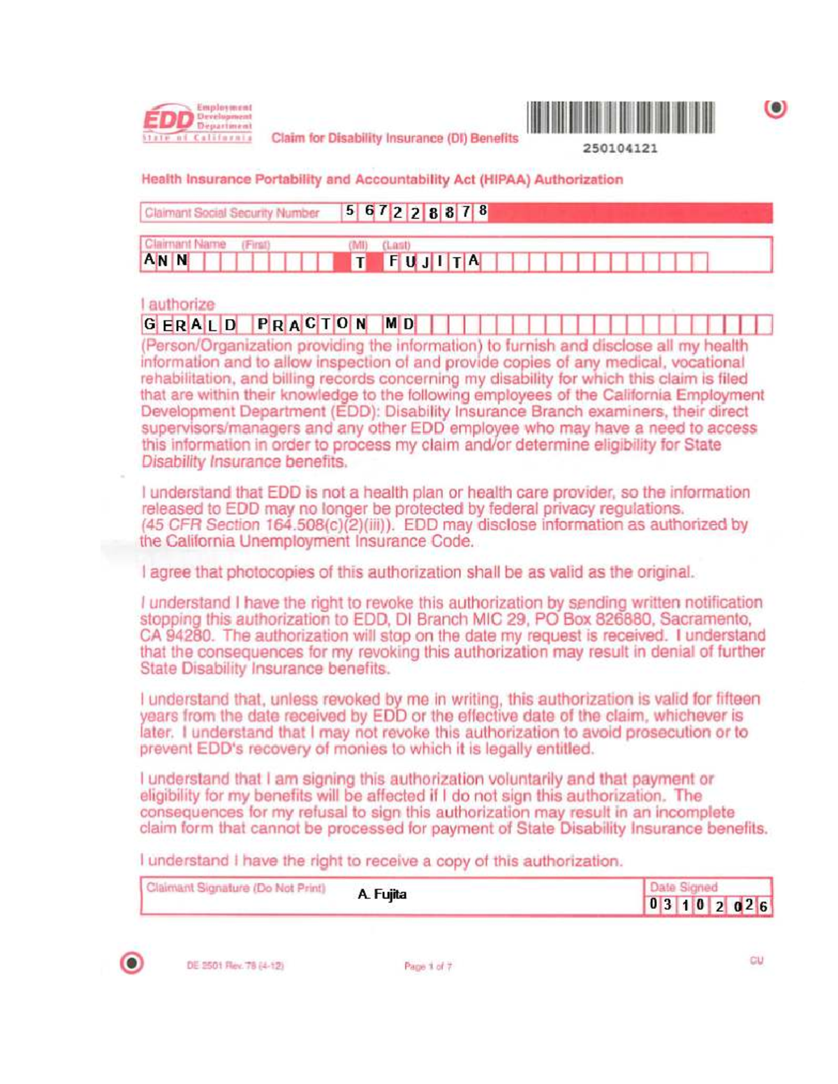 Disability Insurance Claim Form (DI) - EDD 2501 - Studocu
