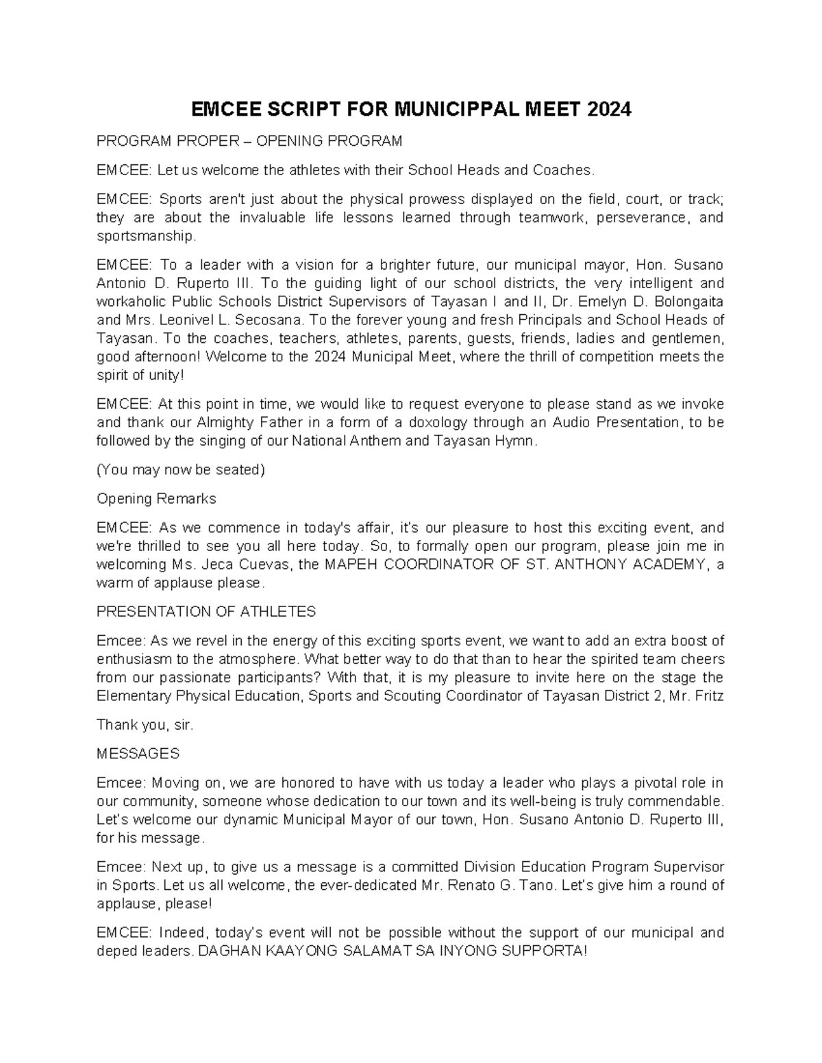 Emcee Script for Municipal Meet 2024 - Official Opening Ceremony - Studocu