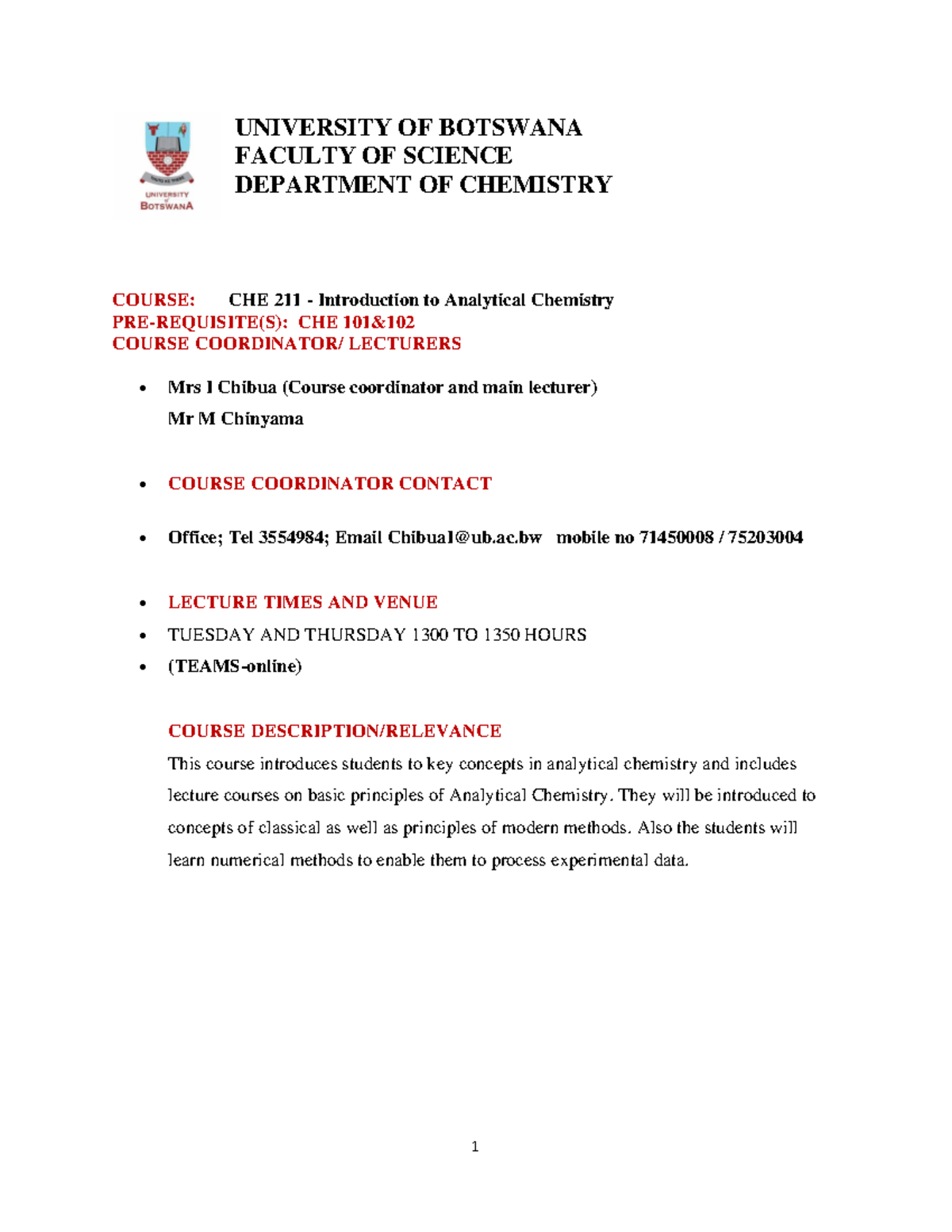 CHE 211 Course Outline for Introduction to Analytical Chemistry 2022 ...