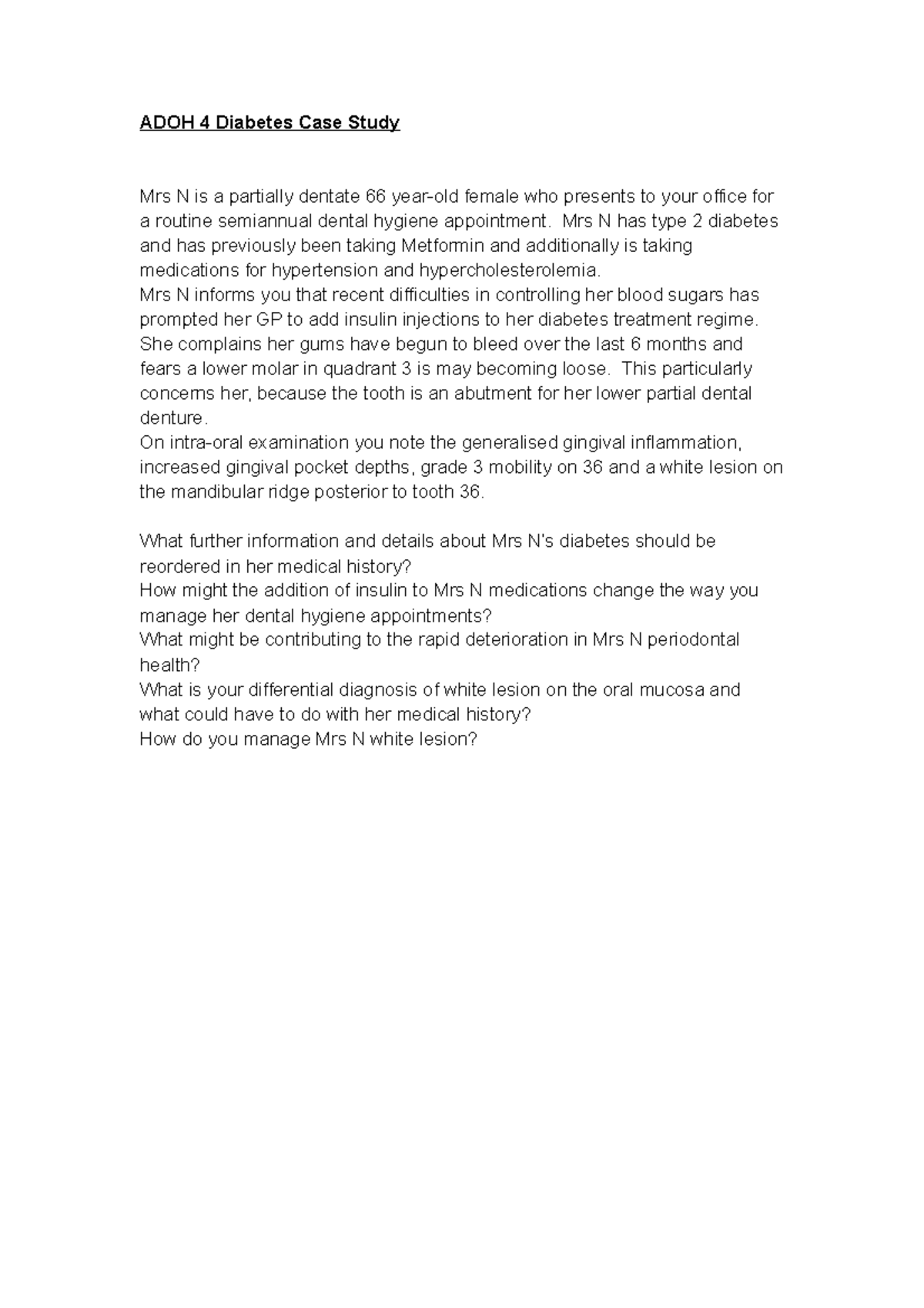 ADOH4 Case Studies 1-6 - ADOH 4 Diabetes Case Study Mrs N is a ...