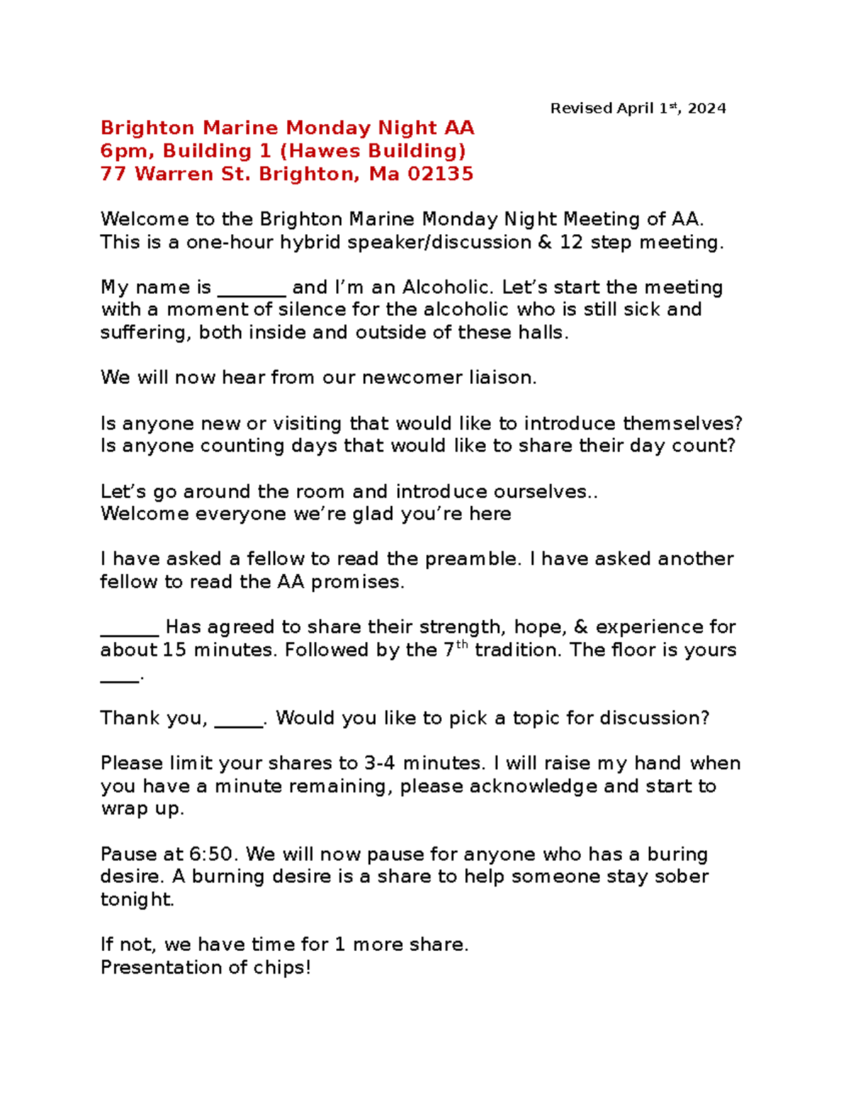 Brighton Marine AA Meeting Script - April 2024 - Studocu