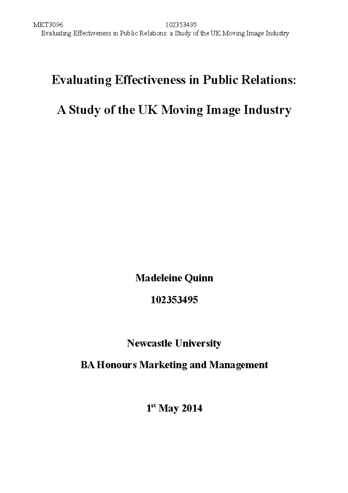 MQuinn Dissertation - Course Introduction to Media Studies (MDA10001 ...