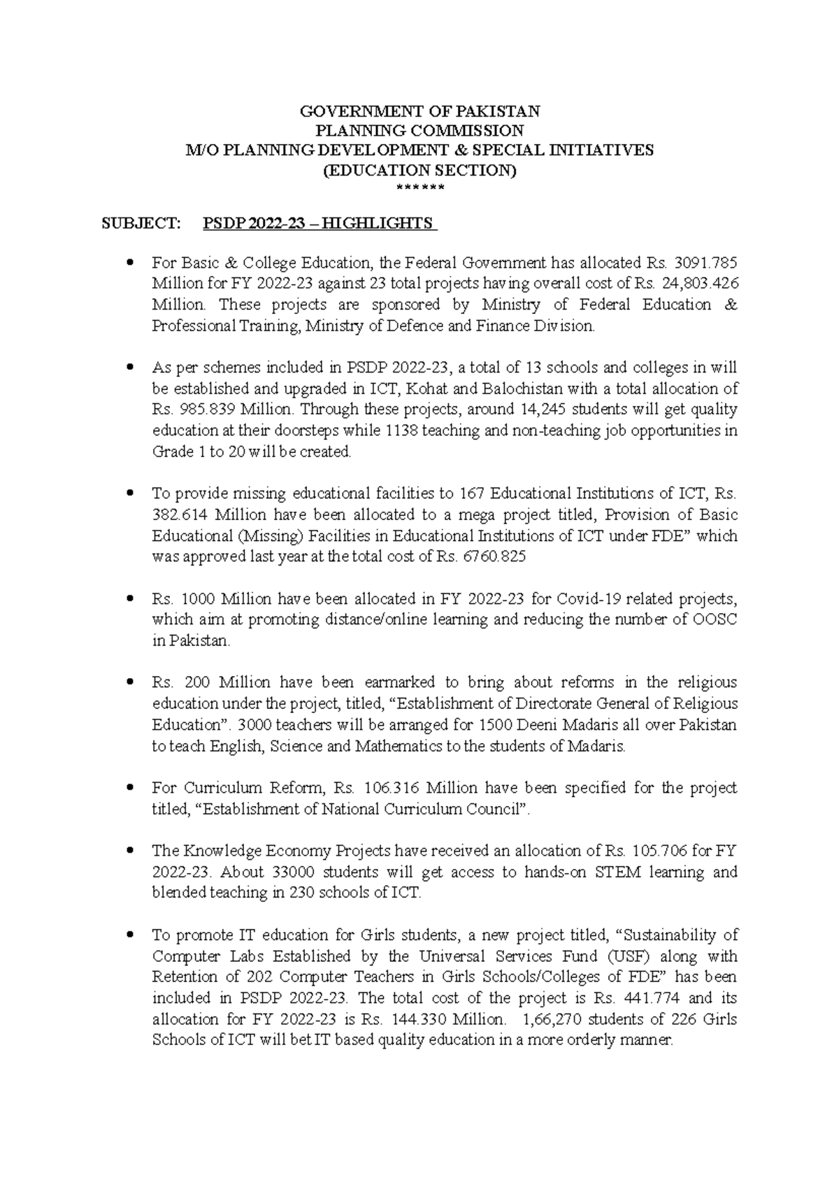 Bullet Points PSDP 2022-23 - GOVERNMENT OF PAKISTAN PLANNING COMMISSION ...