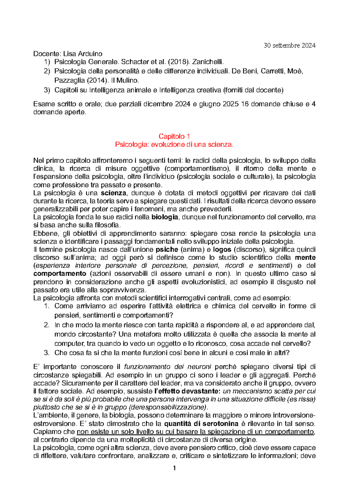 Psicologia Generale: Appunti per Esame Scritto e Parziali (30/09/2024) - Document Preview