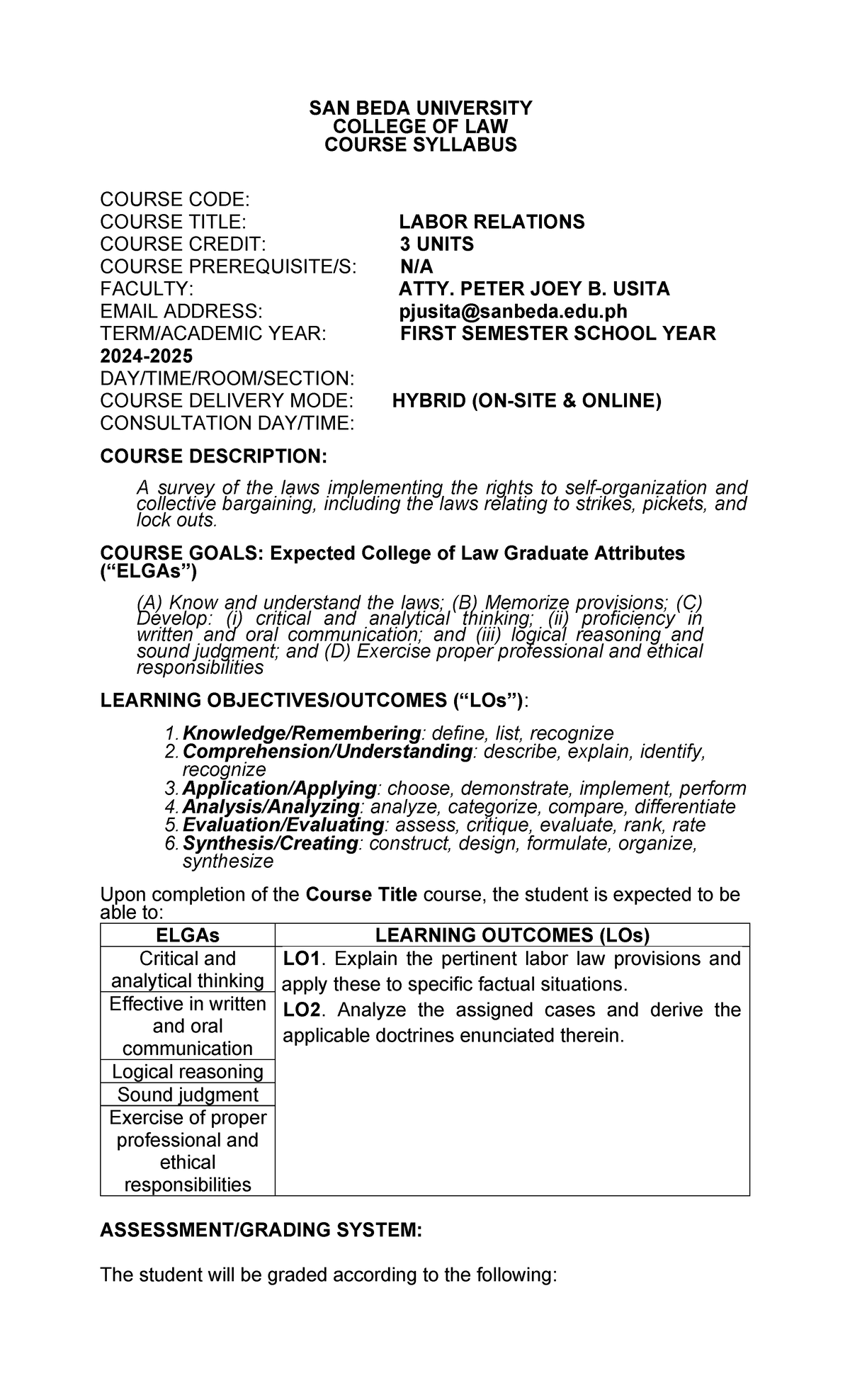 Labor Relations Syllabus SY 2024-2025 (Revised) - San Beda University ...
