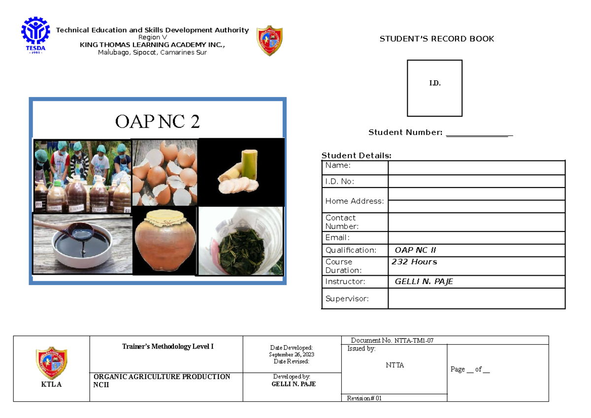 Student Record Book for Organic Agriculture Production NC II - Studocu
