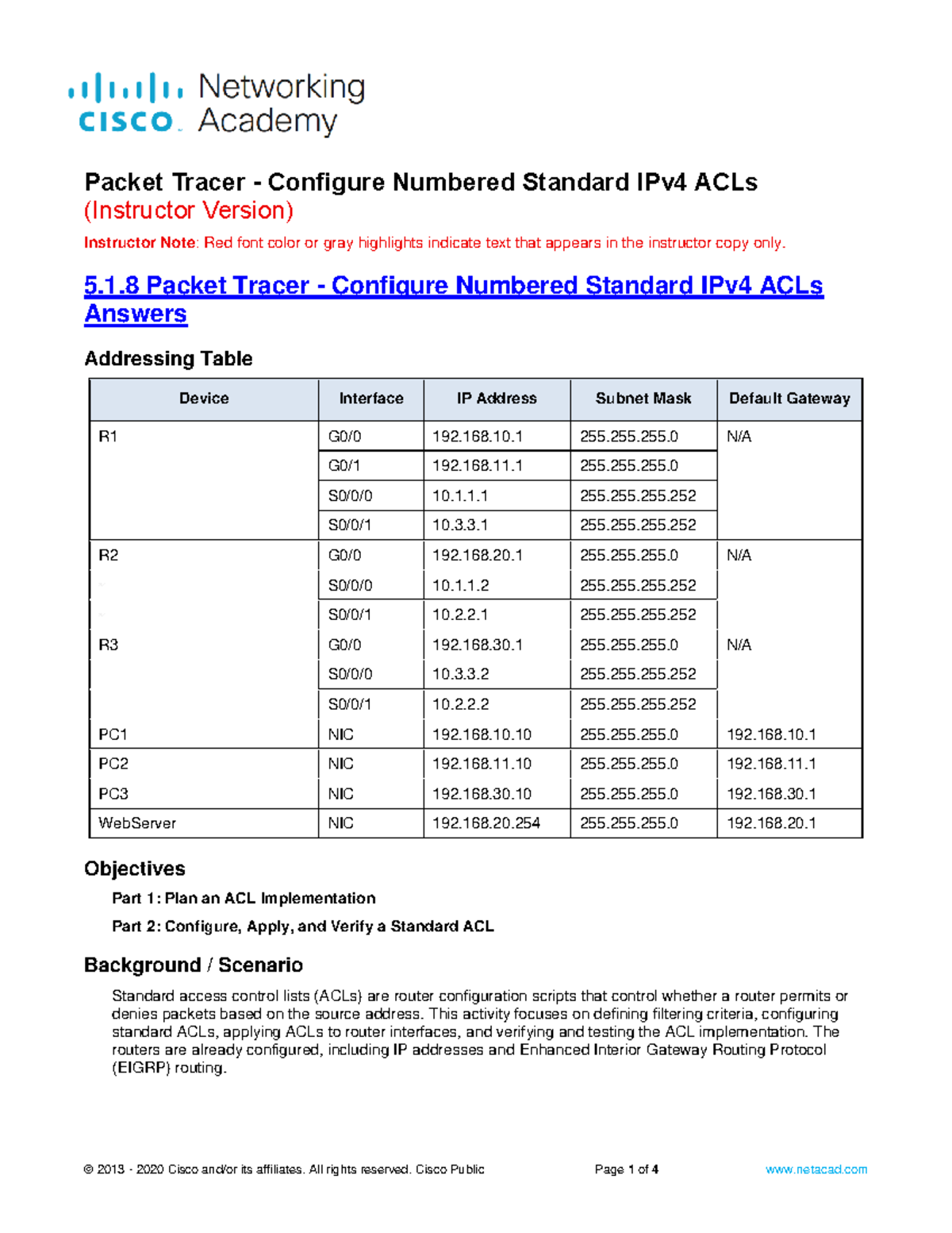 5.1.8 Packet Tracer - Configuring Numbered Standard IPv4 ACLs Guide ...