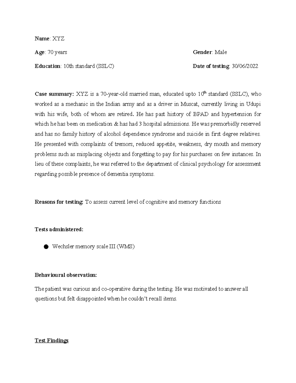 WMS III Sample Cognitive Assessment Report on Dementia Symptoms - Studocu