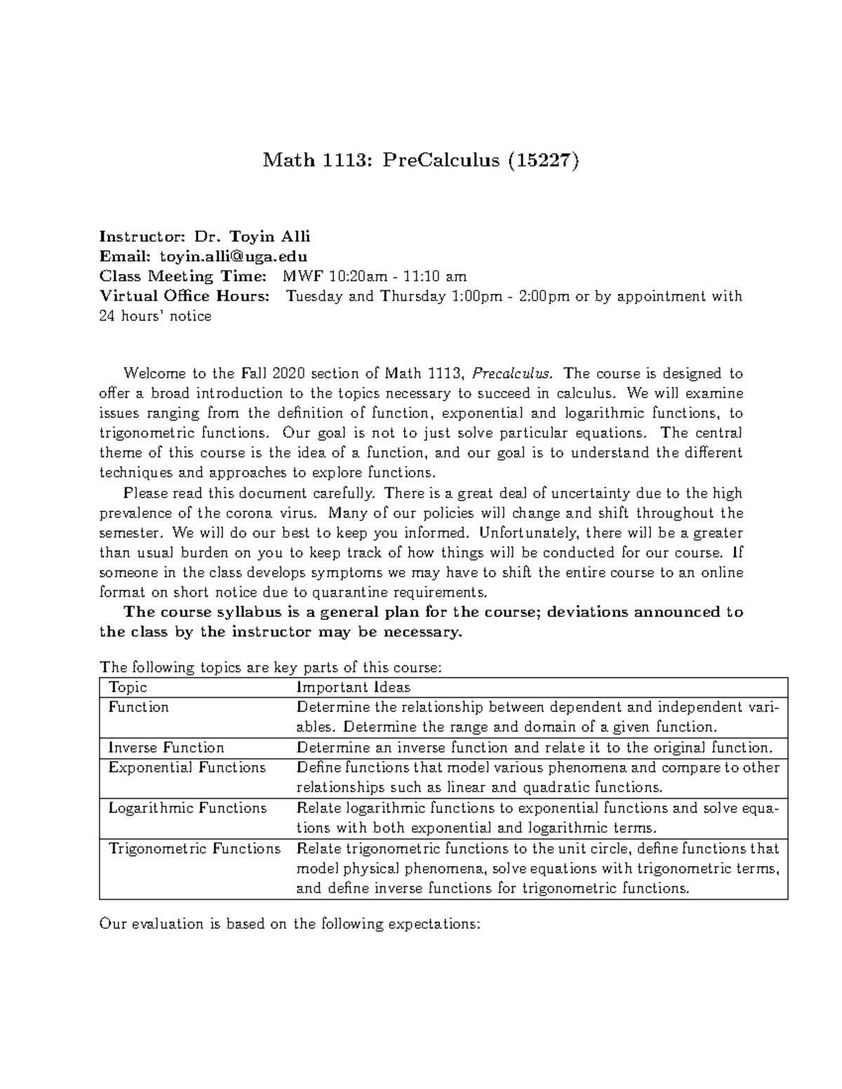 MATH 1113 Precalculus Syllabus (15227) - Fall 2020 Overview - Studocu