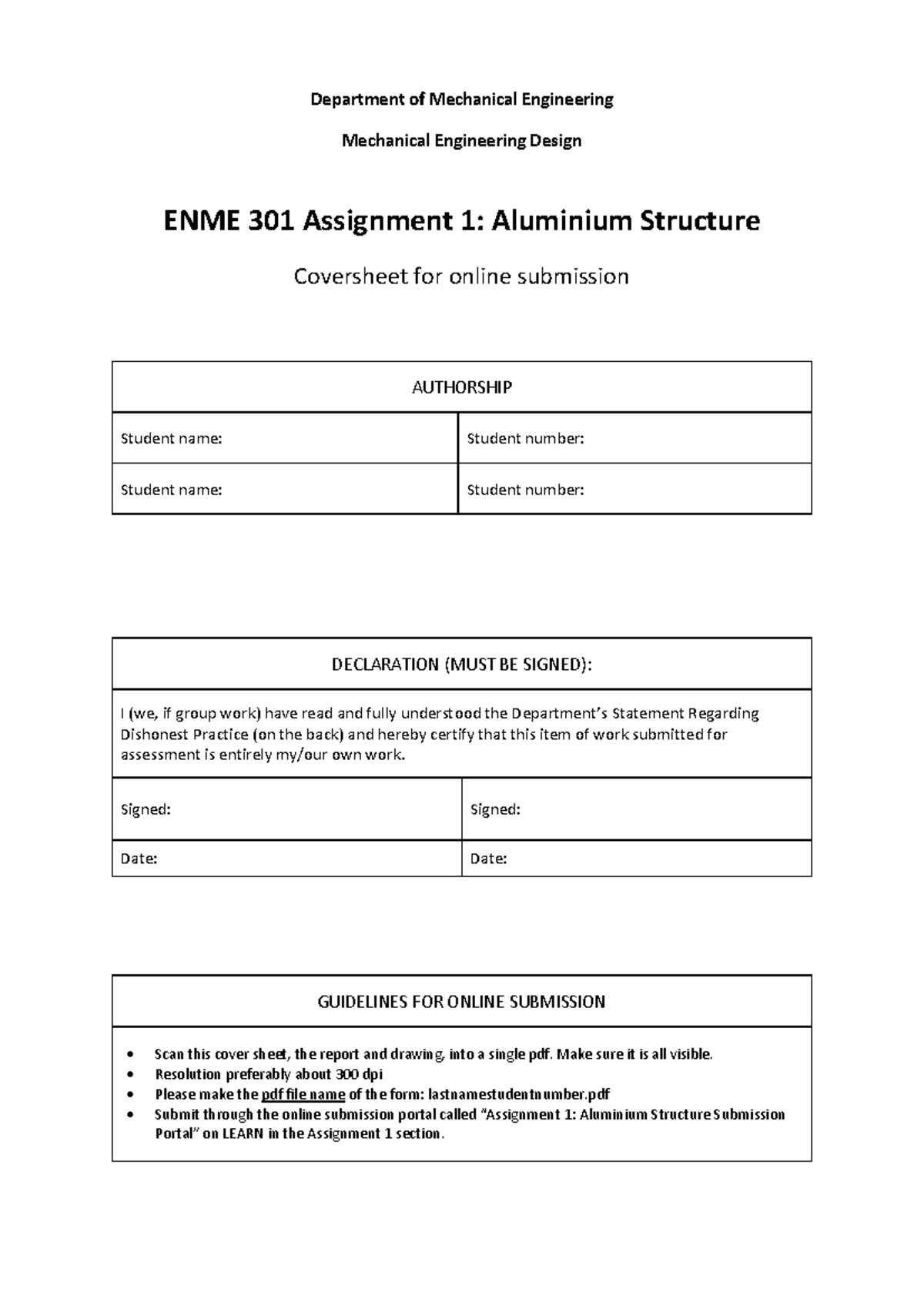 ENME 301 Assignment 1: Aluminium Structure Cover Sheet Guidelines - Studocu