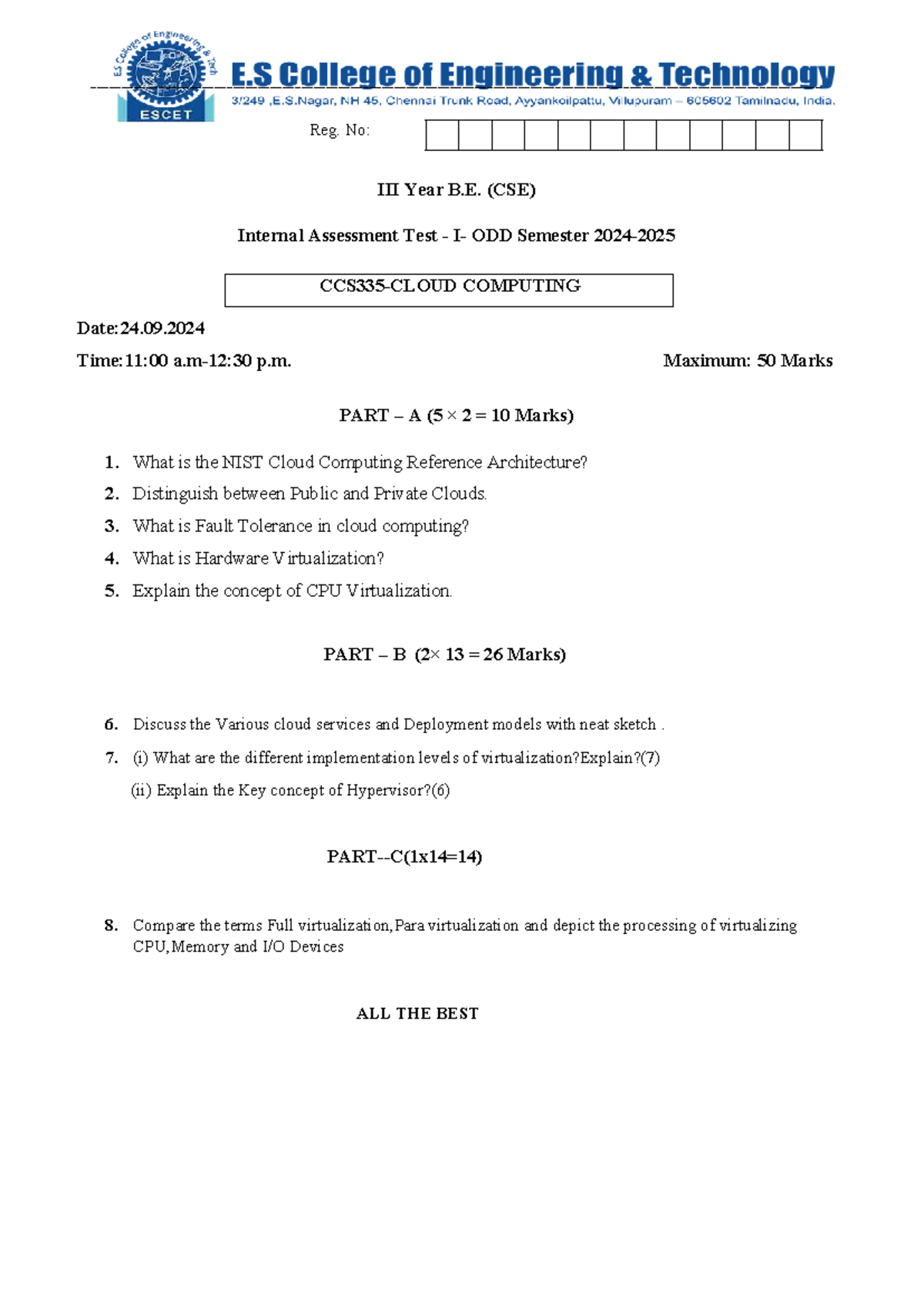 IA-1-CC: Internal Assessment Test on Cloud Computing Concepts - Studocu