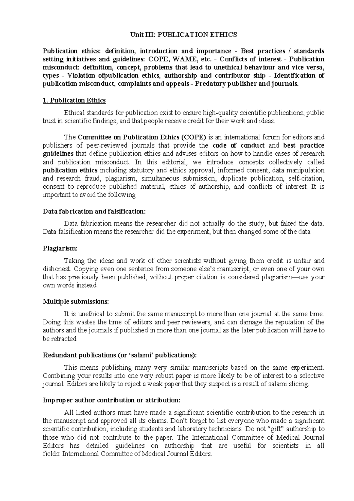 Unit-3: Comprehensive Notes on Publication Ethics Standards - Studocu