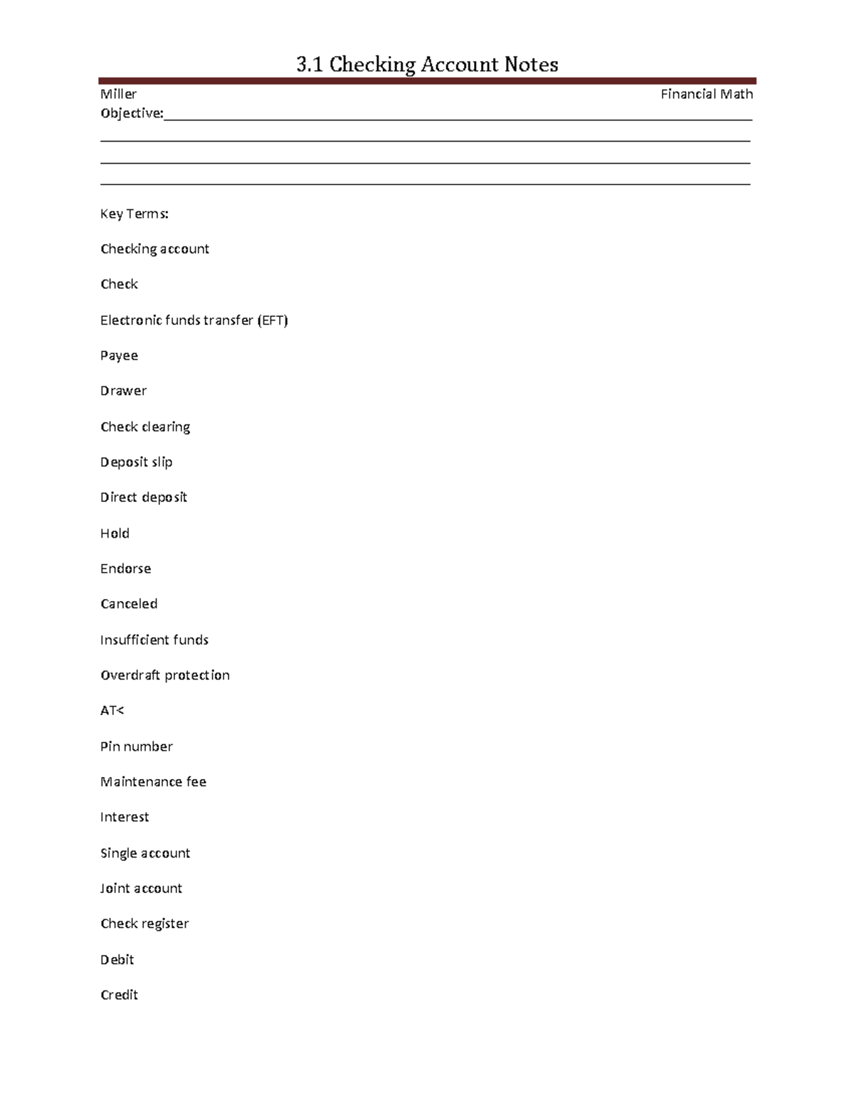 3.1 Checking Account Notes - Financial Math Key Terms & Examples - Studocu