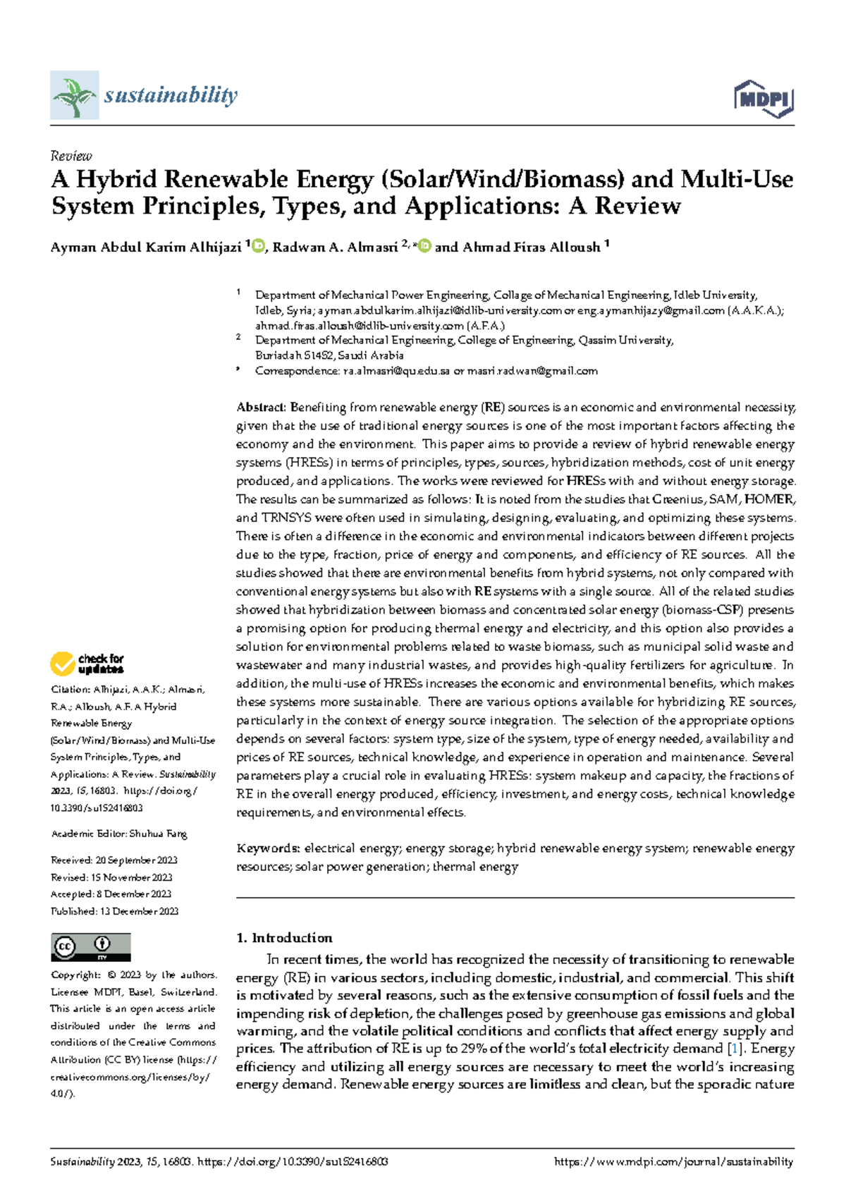 Sustainability 15 16803: Review of Hybrid Renewable Energy Systems and ...