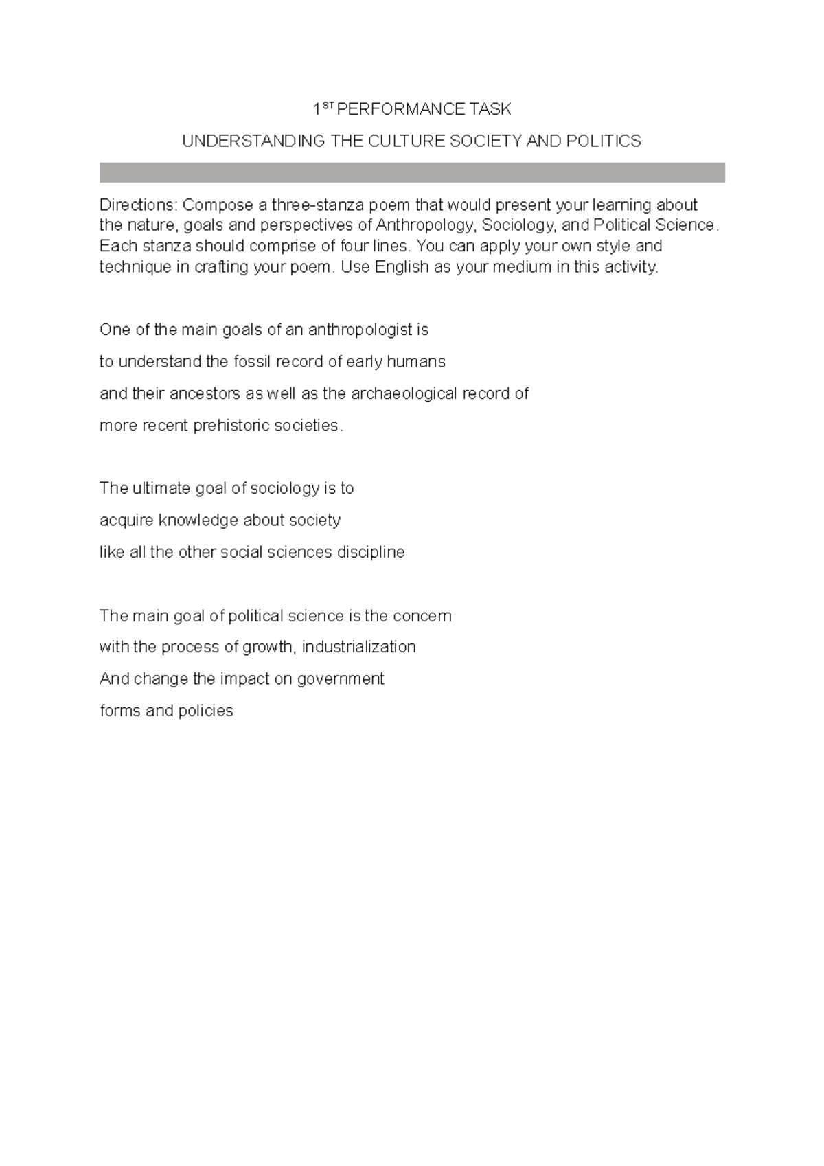 1ST Performance Task: Exploring Anthropology, Sociology & Political ...