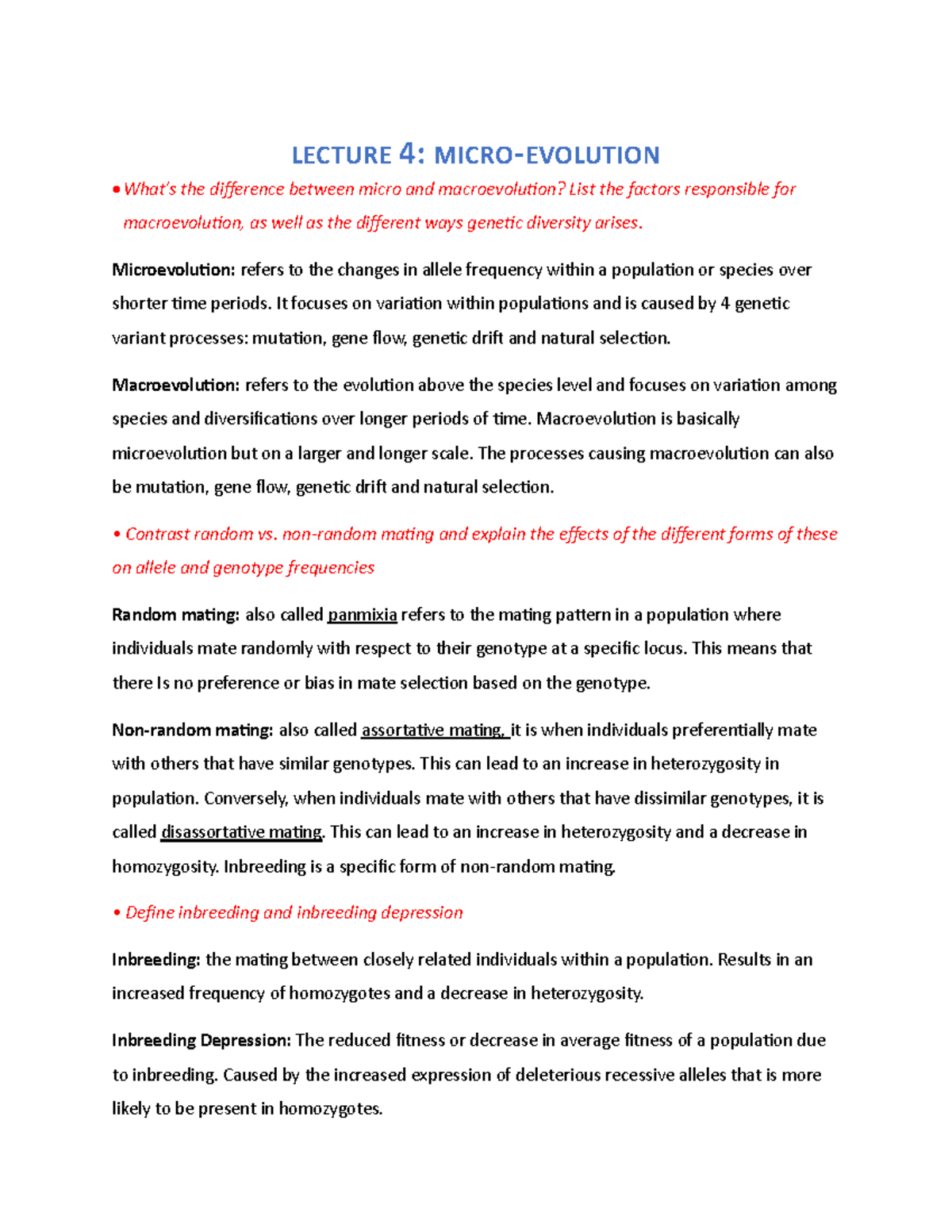 Lecture 4 Notes: Microevolution Concepts and Mechanisms (BIO 101) - Studocu