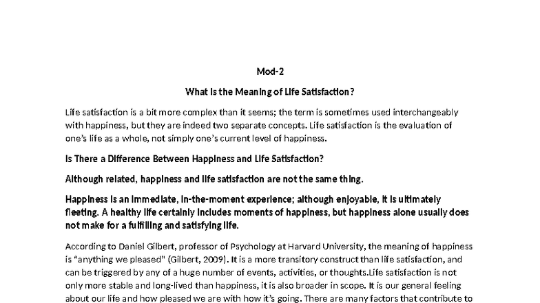 Mod-2 Life Satisfaction: Understanding Its Meaning and Factors - Studocu