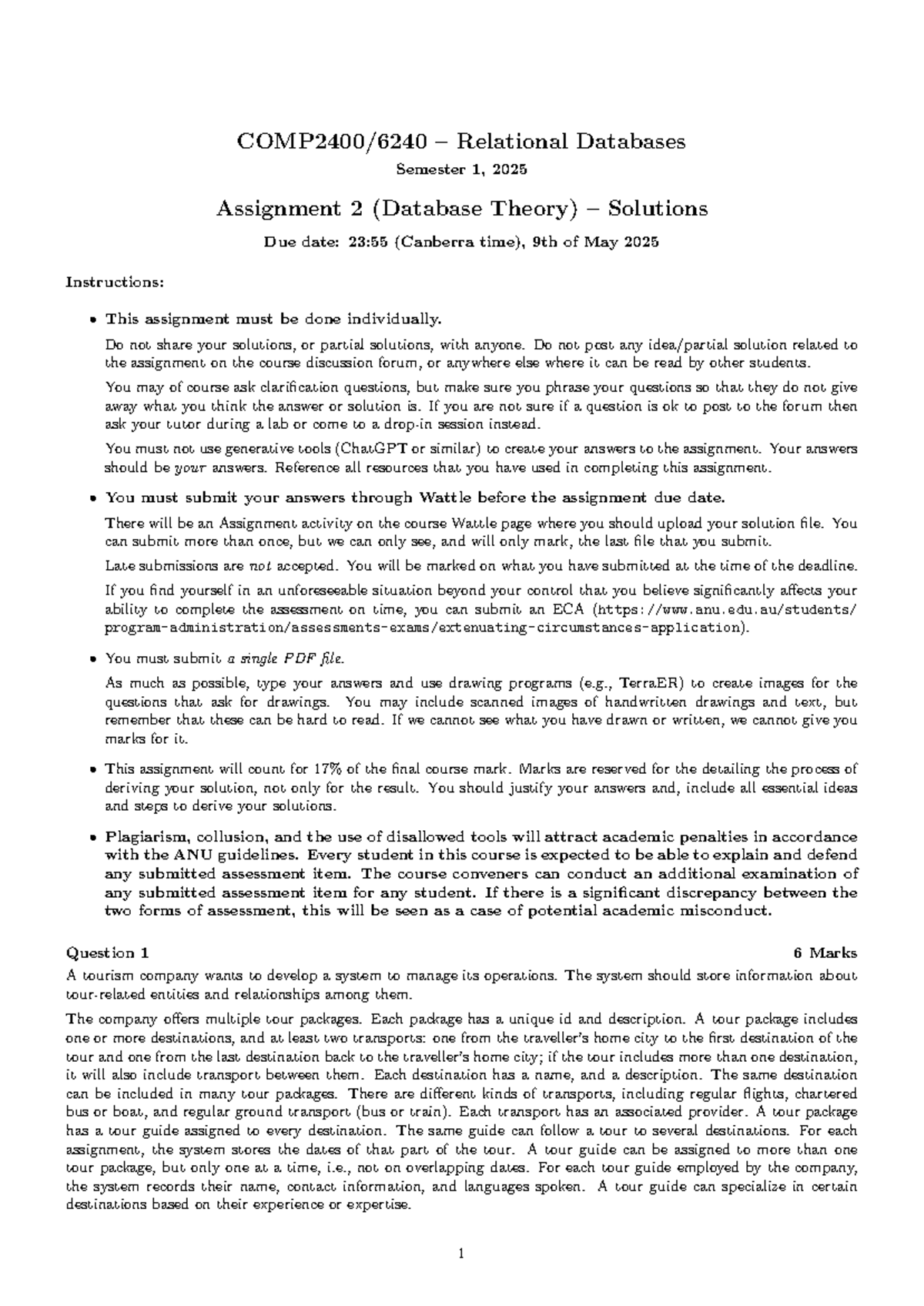 COMP2400/6240 – Relational Databases Assignment 2 Solutions (S1 2025 ...