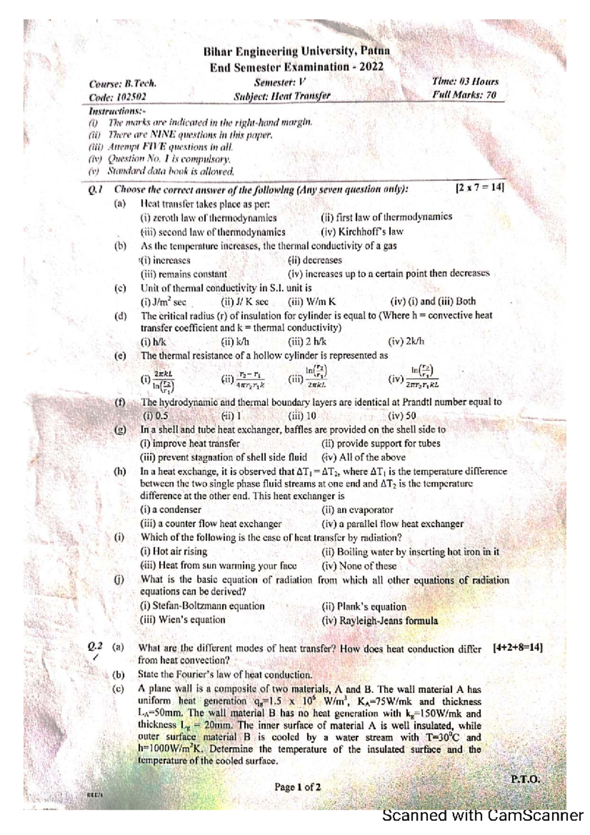 B. Tech 5th Sem Heat Transfer End Semester Exam 2022 - Code 102502 ...