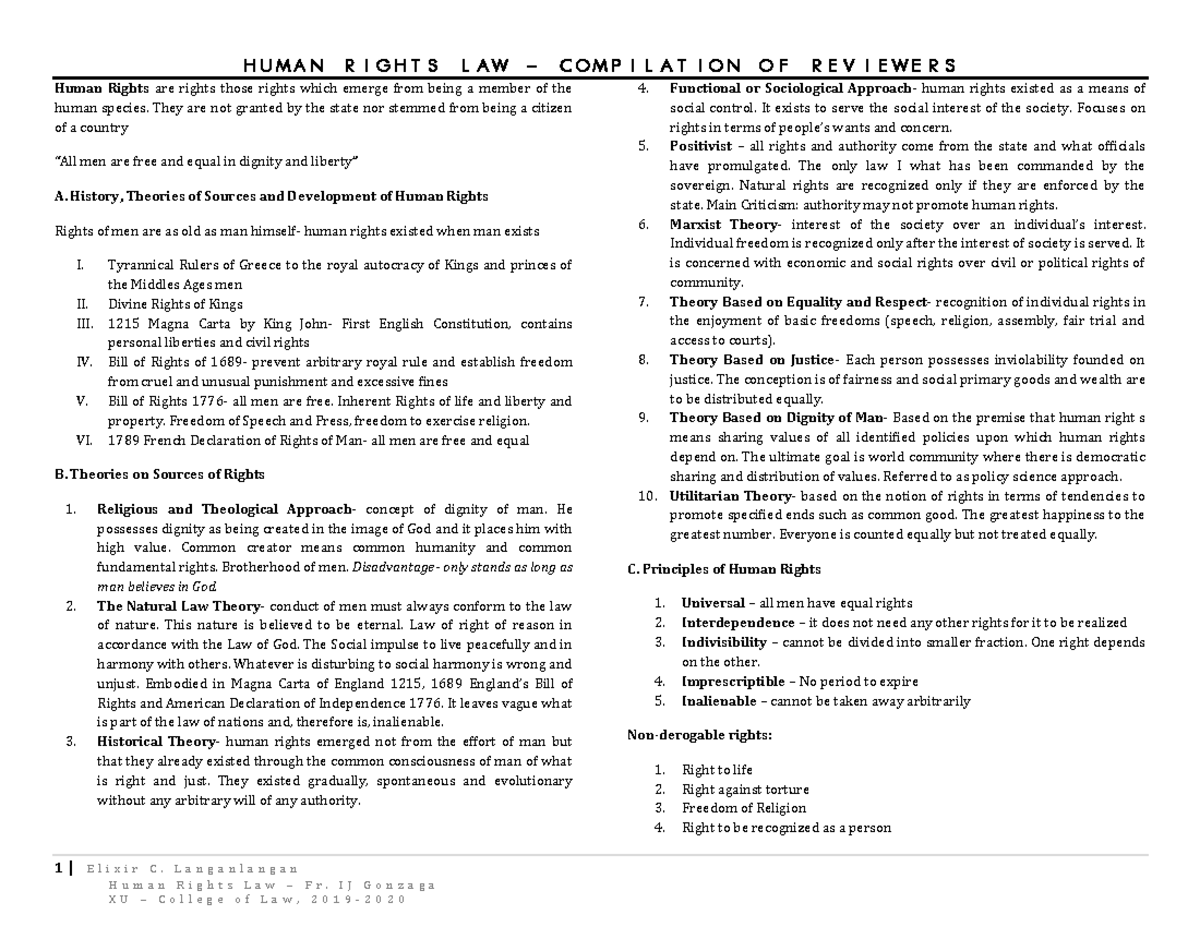 HUMAN RIGHTS LAW REVIEWER (HR LAW 101) - FINAL EXAM NOTES - Studocu