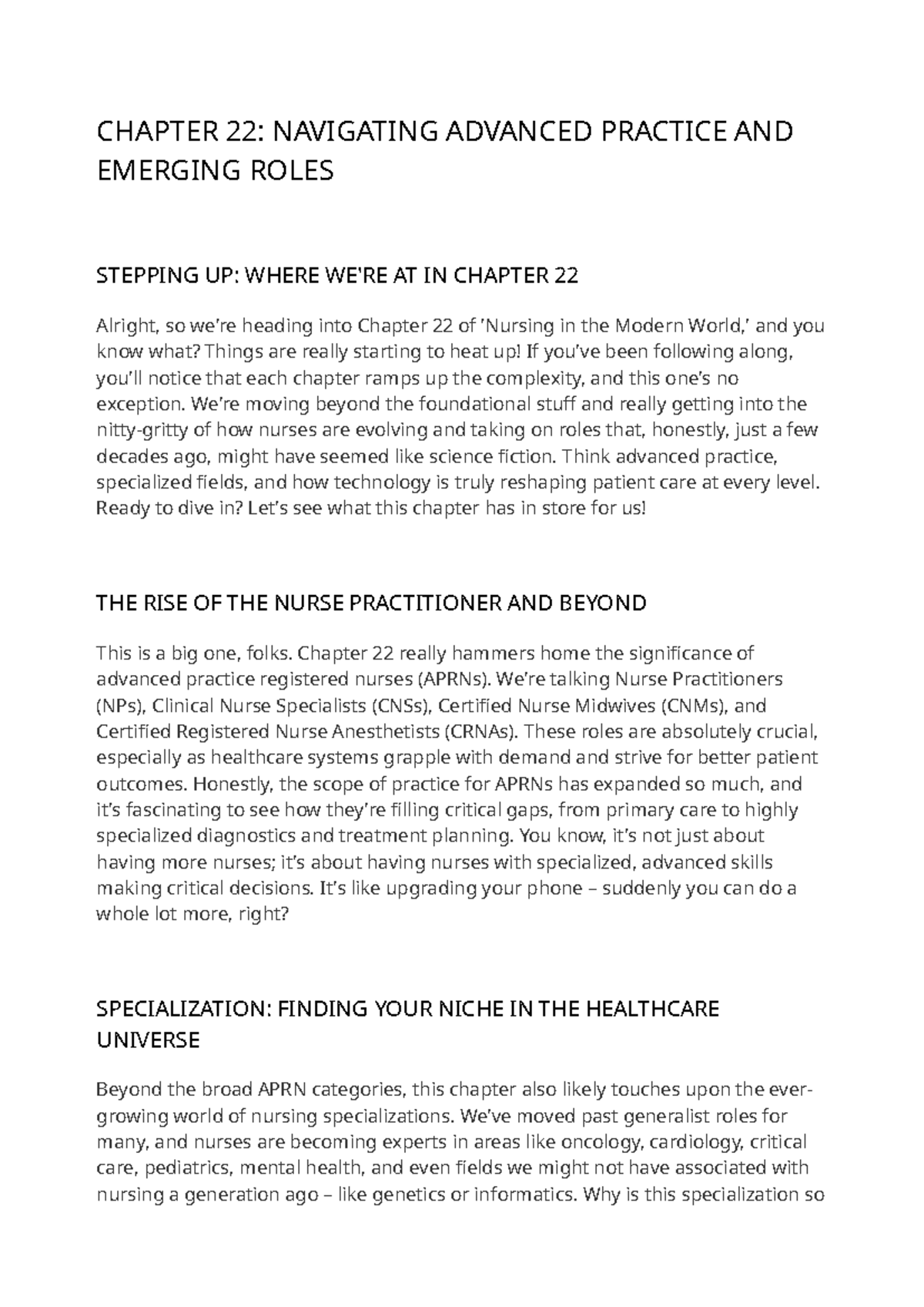 Nursing in Modern World - Ch22: Advancing Practice & Roles - Studocu