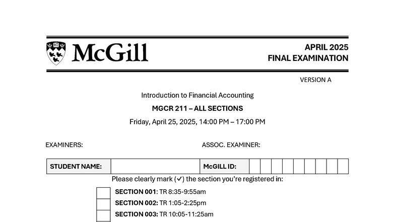 MGCR 211 FINAL EXAMINATION VERSION A - Introduction to Financial ...
