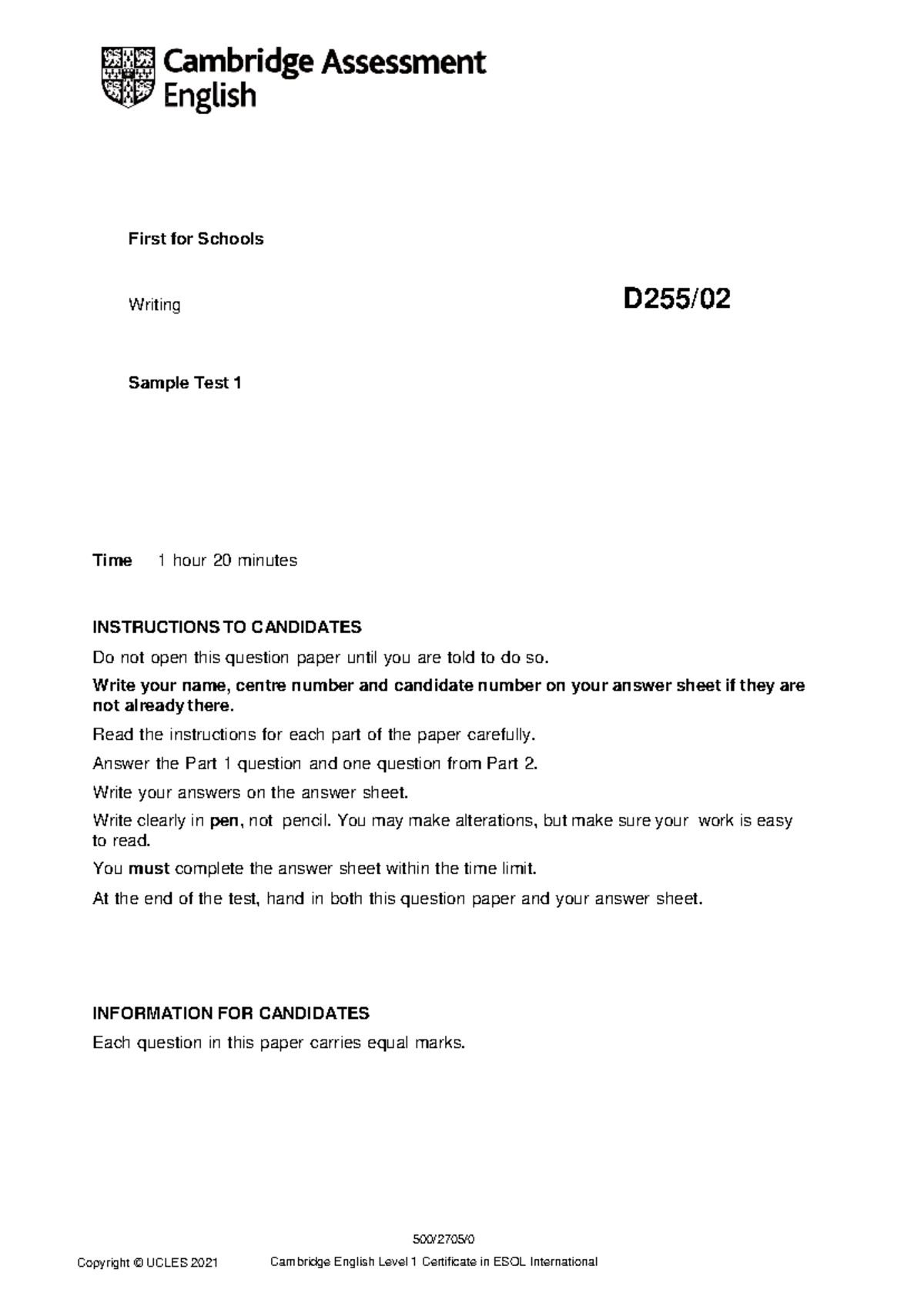 B2 First for Schools Writing Sample Test 1 Guidance Document - Studocu