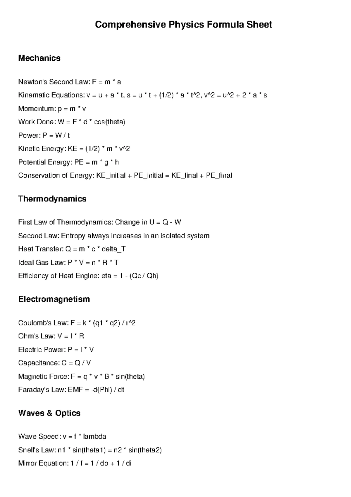 Comprehensive Physics Formulas: Mechanics, Thermodynamics & More - Studocu