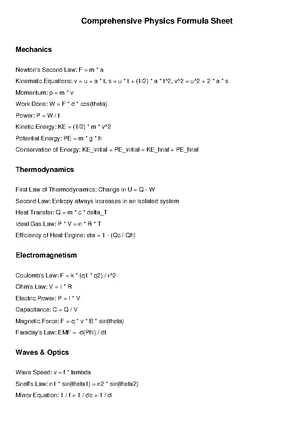 Comprehensive Physics Formulas: Mechanics, Thermodynamics & More - Studocu