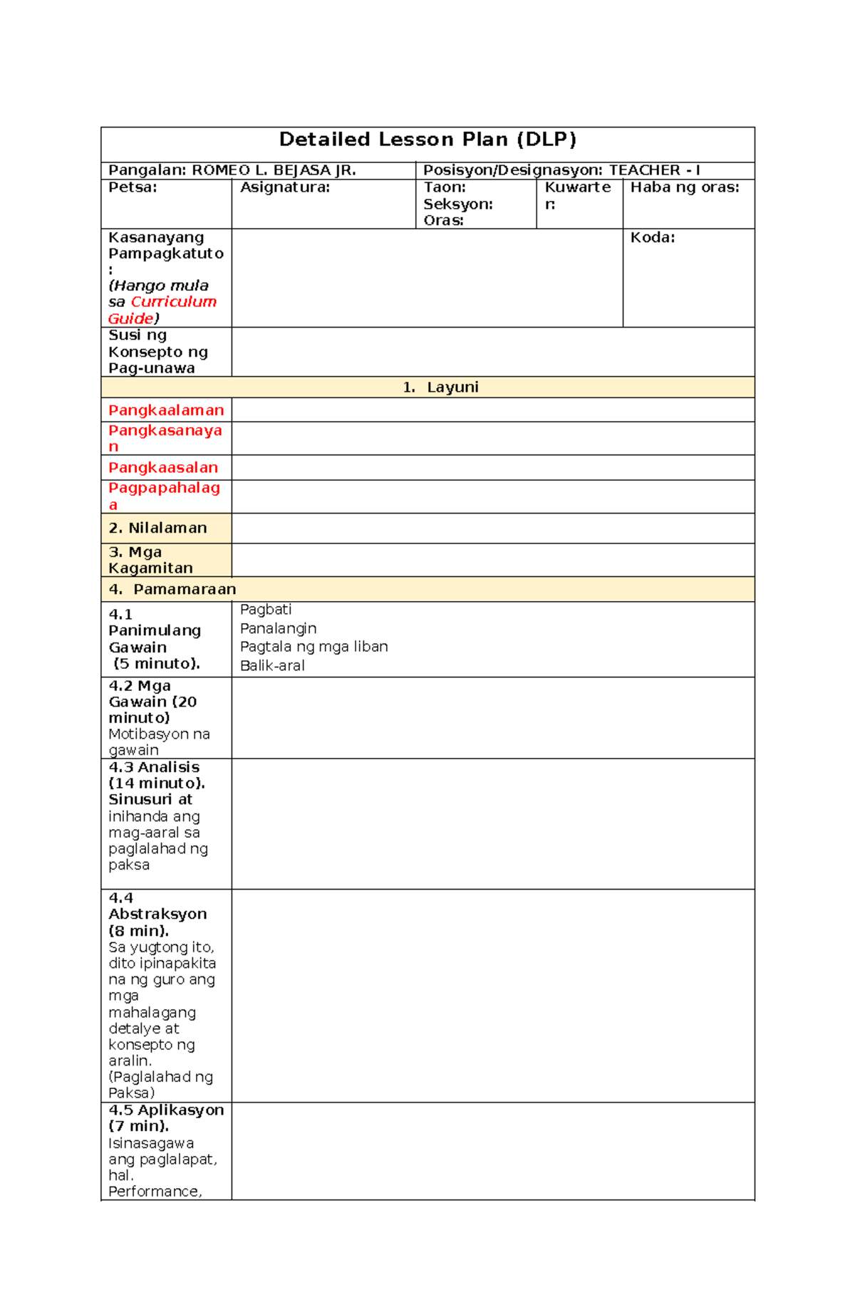 DLP Template - adf - Detailed Lesson Plan (DLP) Pangalan: ROMEO L ...