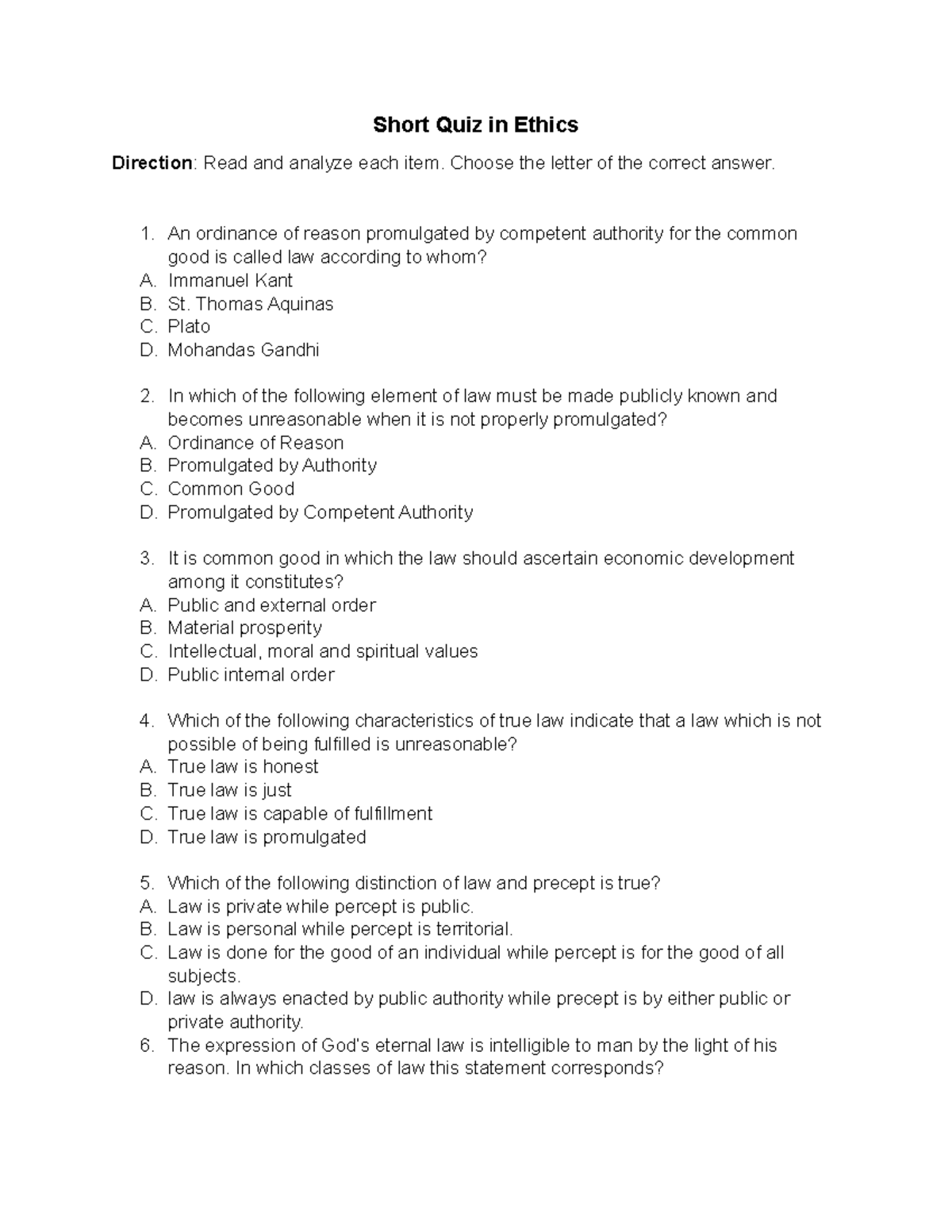 Short Quiz in Ethics (Multiple Type of Test) - Short Quiz in Ethics ...