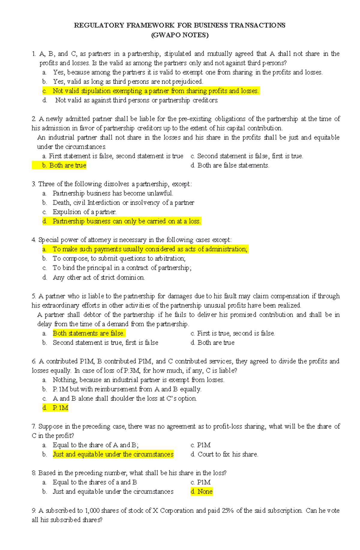 LAW 101: Test Bank on Regulatory Framework for Business Transactions ...